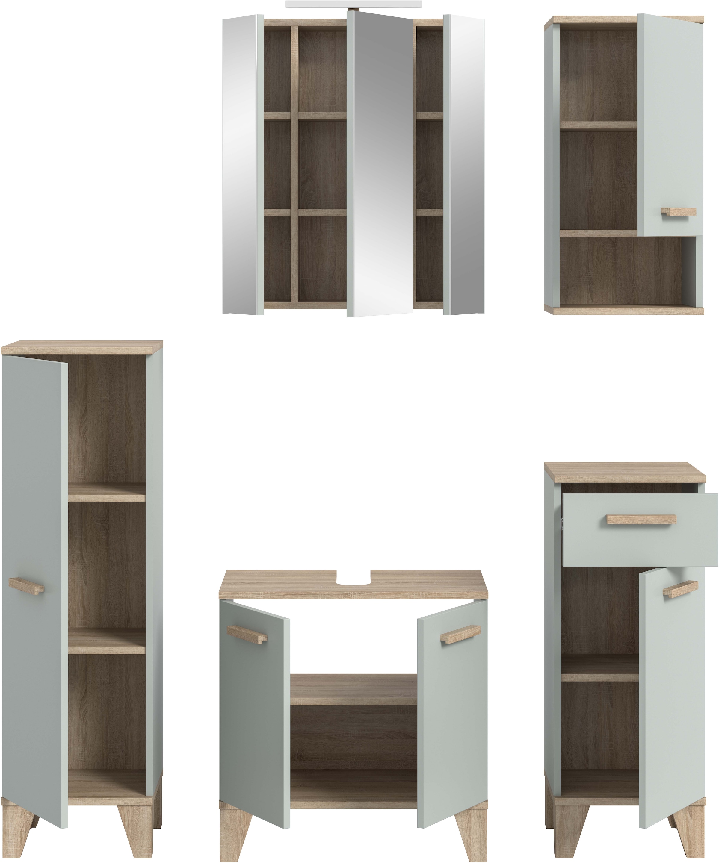 welltime Badmöbel-Set »MINTTU, 5-teilige moderne Badkombi im SCANDI-Look, inkl. Beleuchtung« bestehend aus: 2x Midischrank, WBU, Spiegelschrank, Hängeschrank, 5 Stk. tlg.
