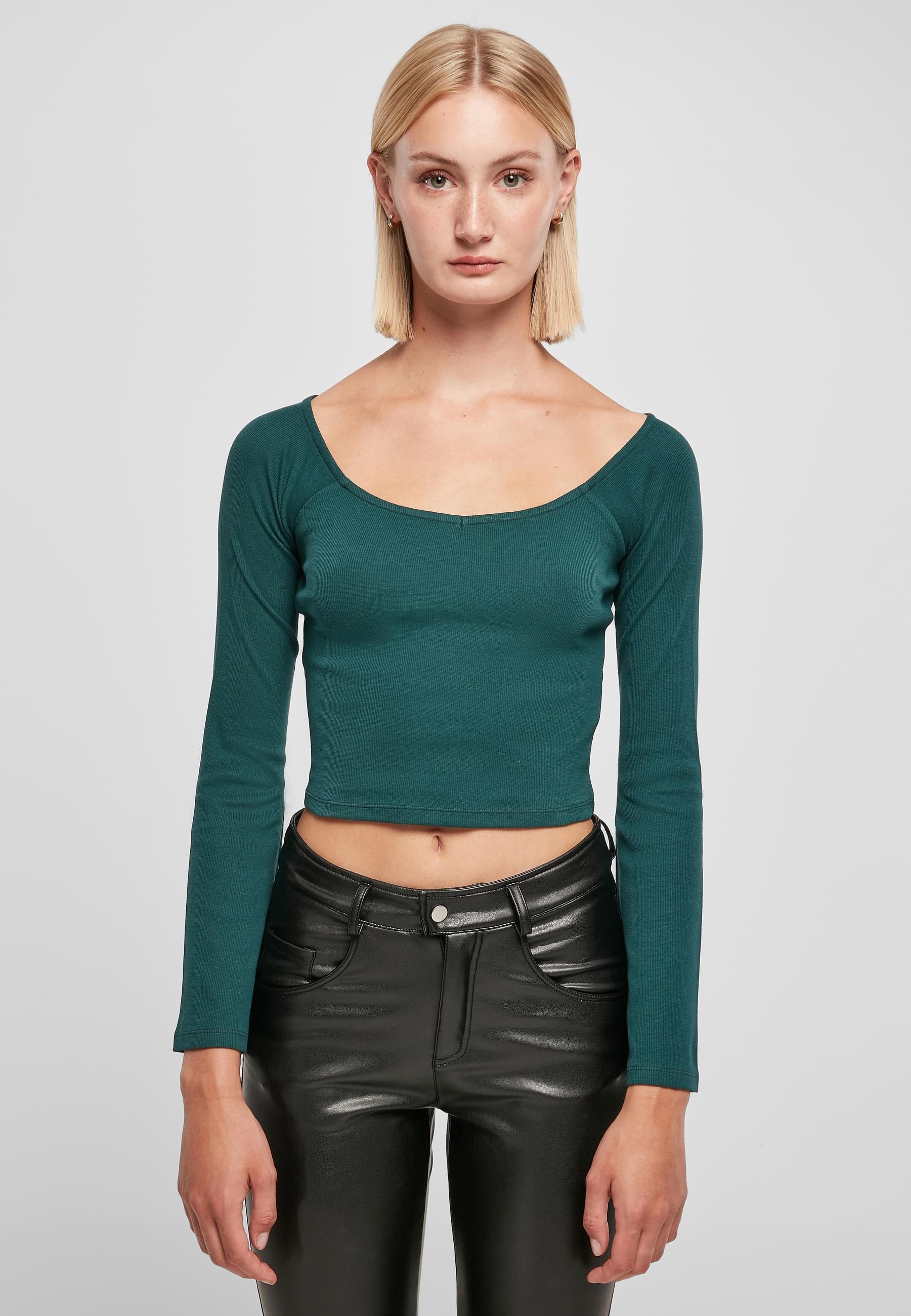 URBAN CLASSICS Langarmshirt »Urban Classics Damen Ladies Short Rib Wide V-Neck Longsleeve«, (1 tlg.)