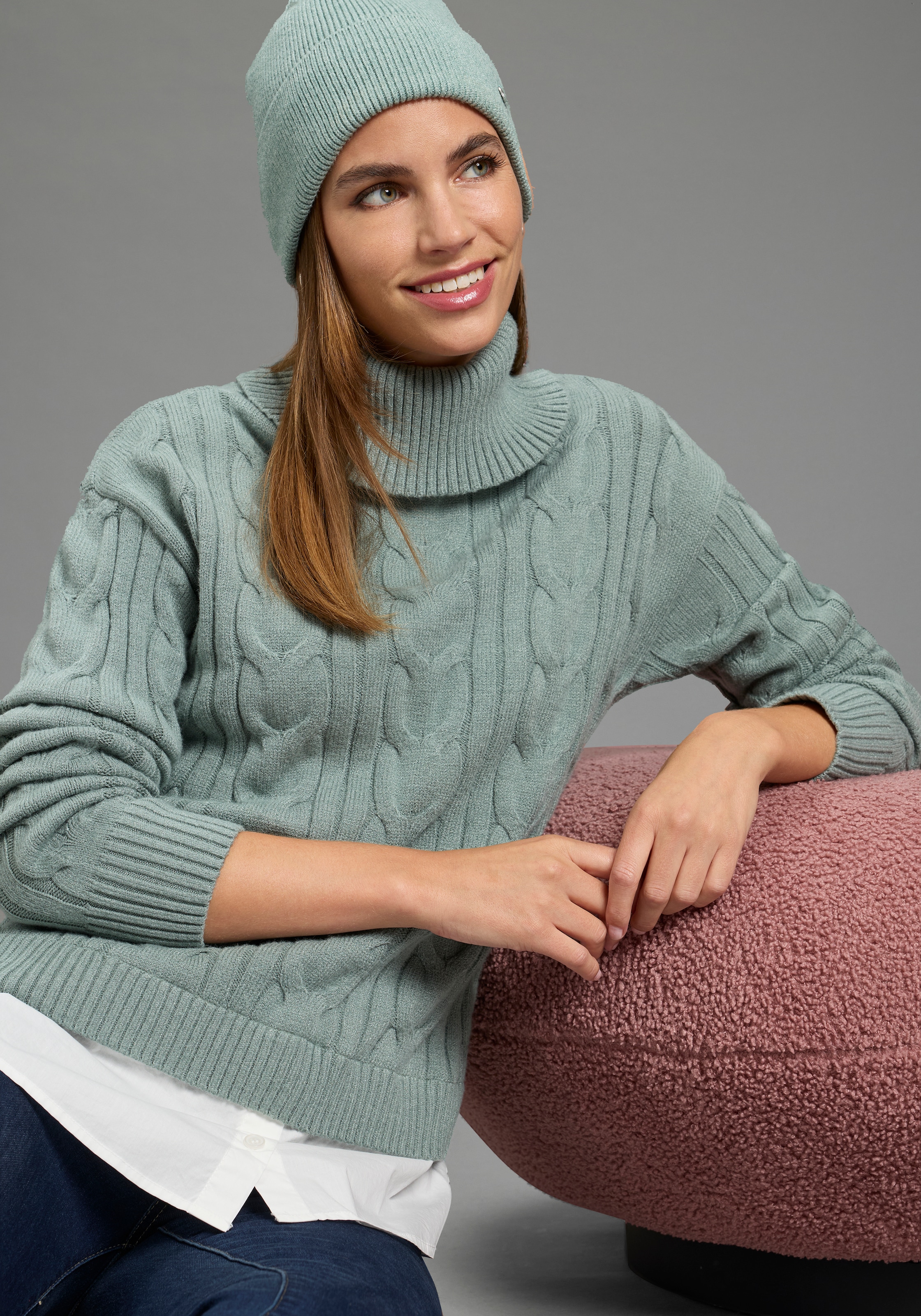 Laura Scott Rollkragenpullover "mit Bluseneinsatz" mit Zopfmuster