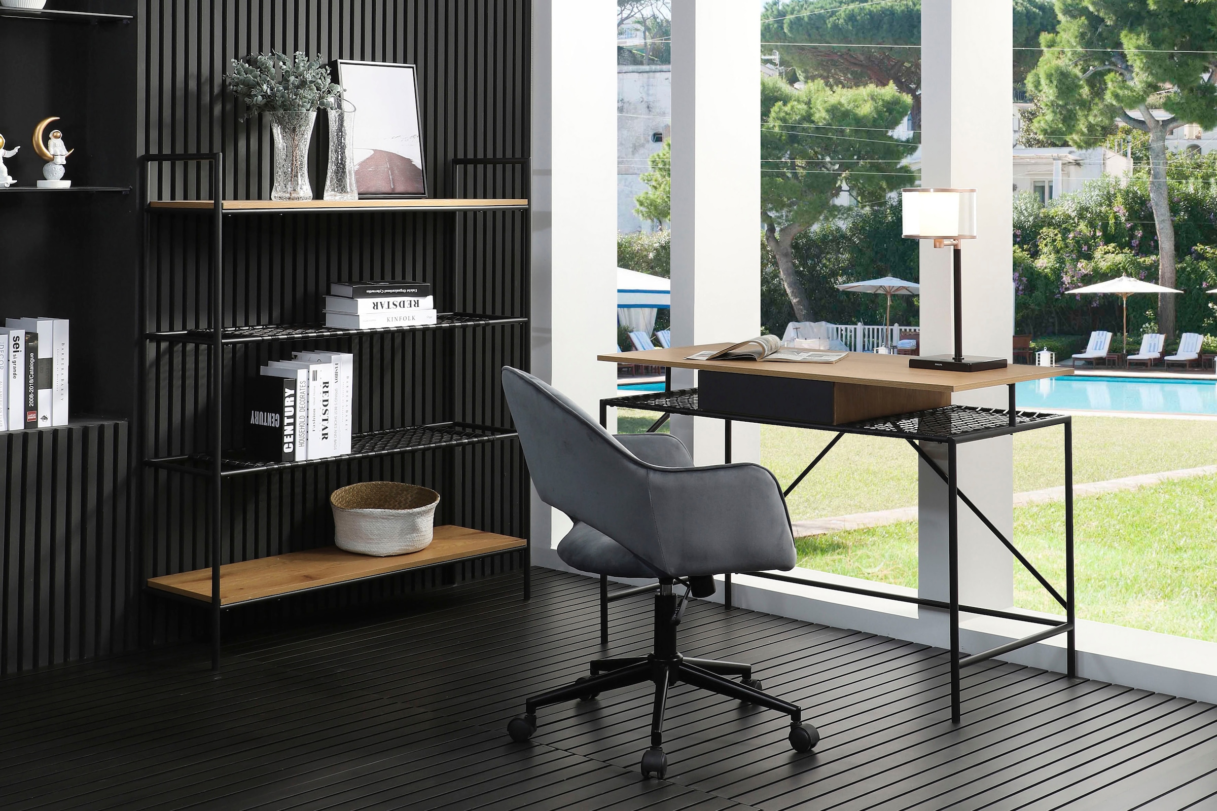 SalesFever Schreibtisch, Metallrahmen-Ablage mit Polyrattan in Geflechtopti günstig online kaufen
