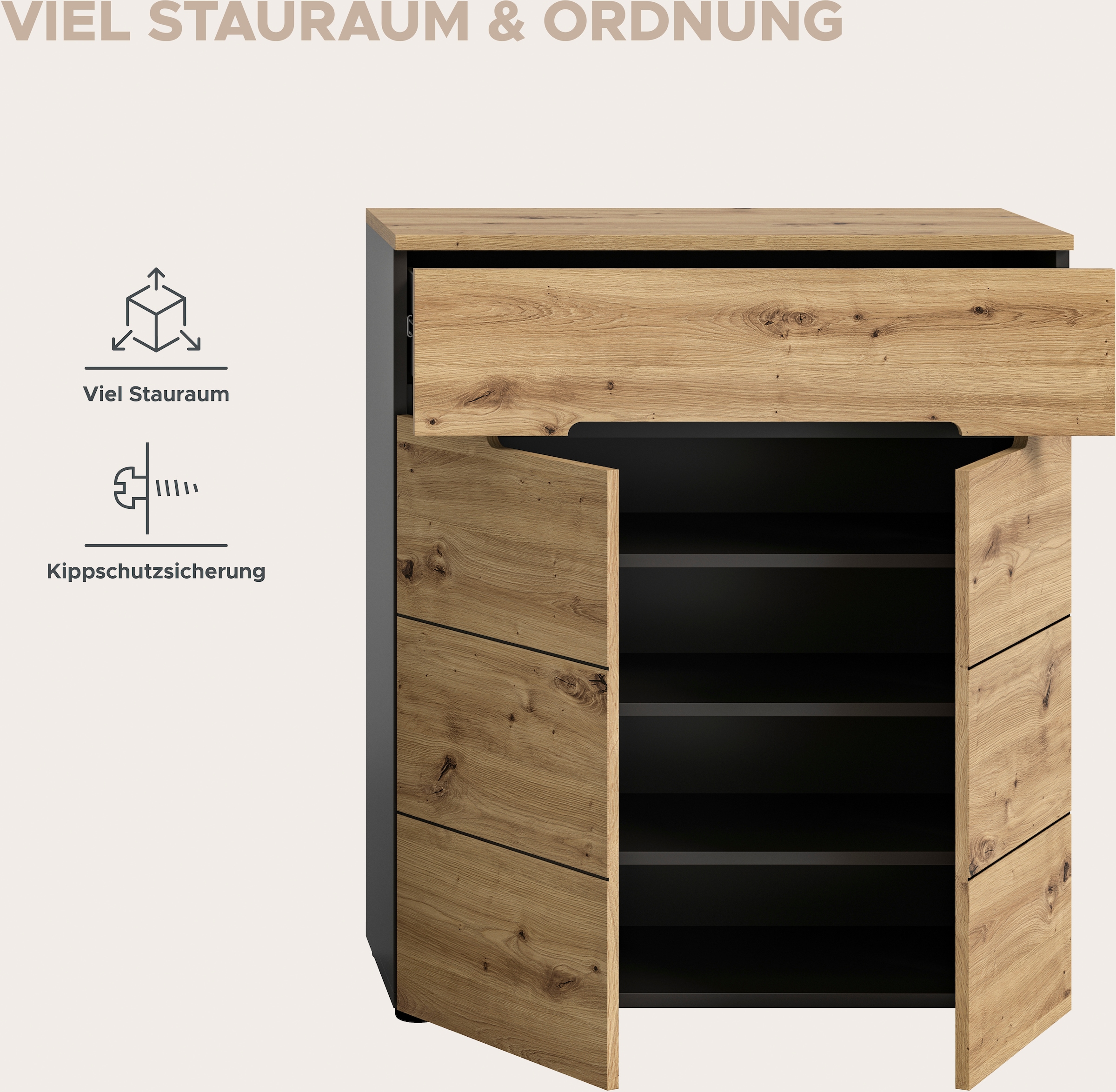 INOSIGN Garderobenschrank »Rehat, Höhe: 190cm, in Basalt grau/ Artisan Eiche, 2 Türen, 6 Fächer«, Garderobe, Flurschrank, Dielenschrank, Kleiderschrank, Garderobenmöbel
