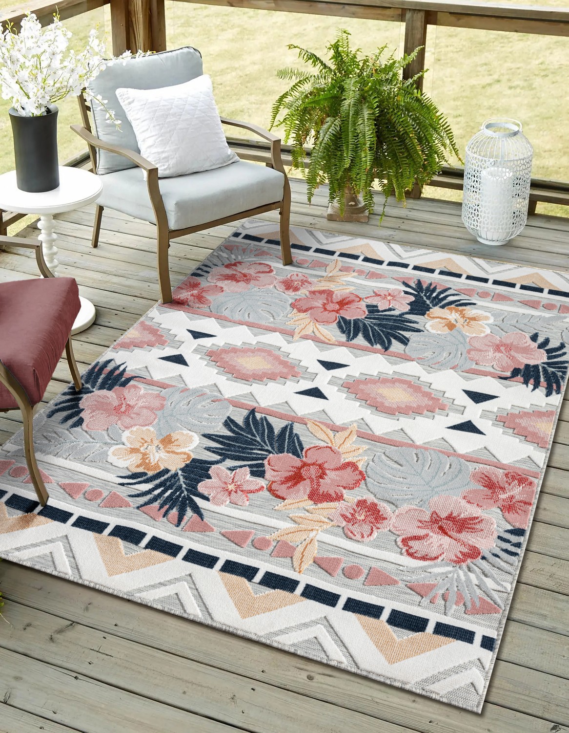 Myflair Möbel & Accessoires Outdoorteppich "Lotus, LAGERRÄUMUNG" rechteckig 8 mm Höhe florales Design, Blumen Motiv, Outdoor geeignet, Balkon, Terrasse