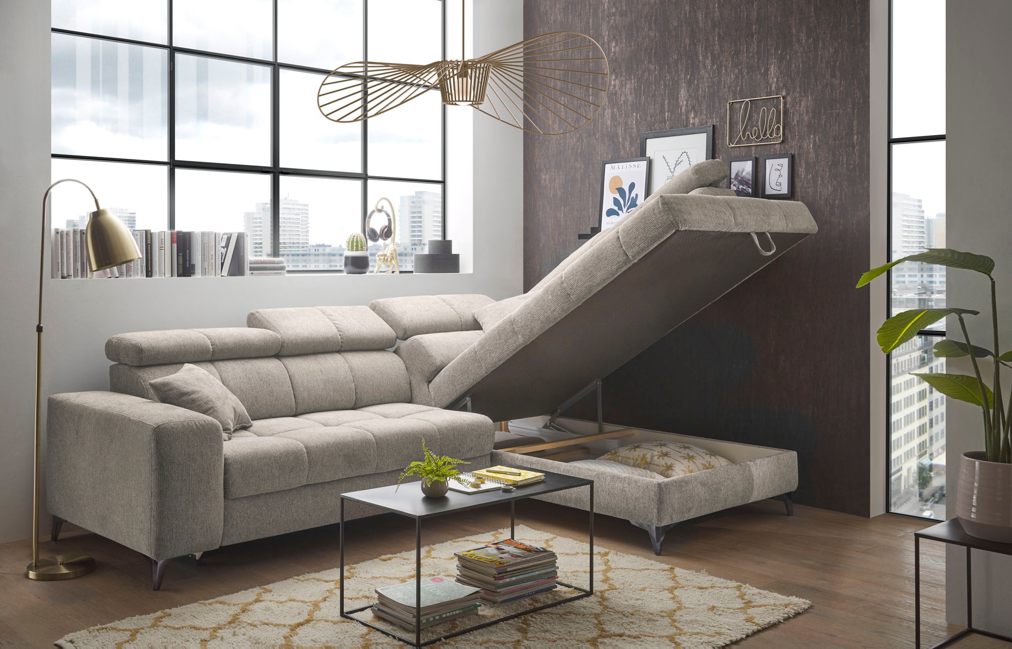 ED EXCITING DESIGN Ecksofa »Sydney L-Form mit Bettfunktion, Bettkasten, Kopfteilverstellung«, motorischer Sitztiefenverstellung, USB-Port & 2 Zierkissen