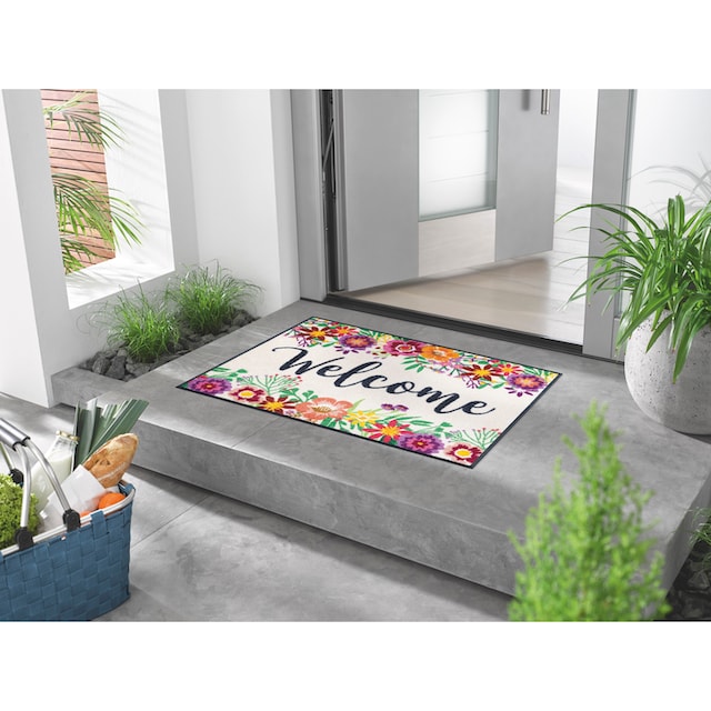 wash+dry by Kleen-Tex Teppich »Welcome Blooming«, rechteckig, Motiv Blumen,  mit Spruch, rutschhemmend, waschbar bestellen | BAUR