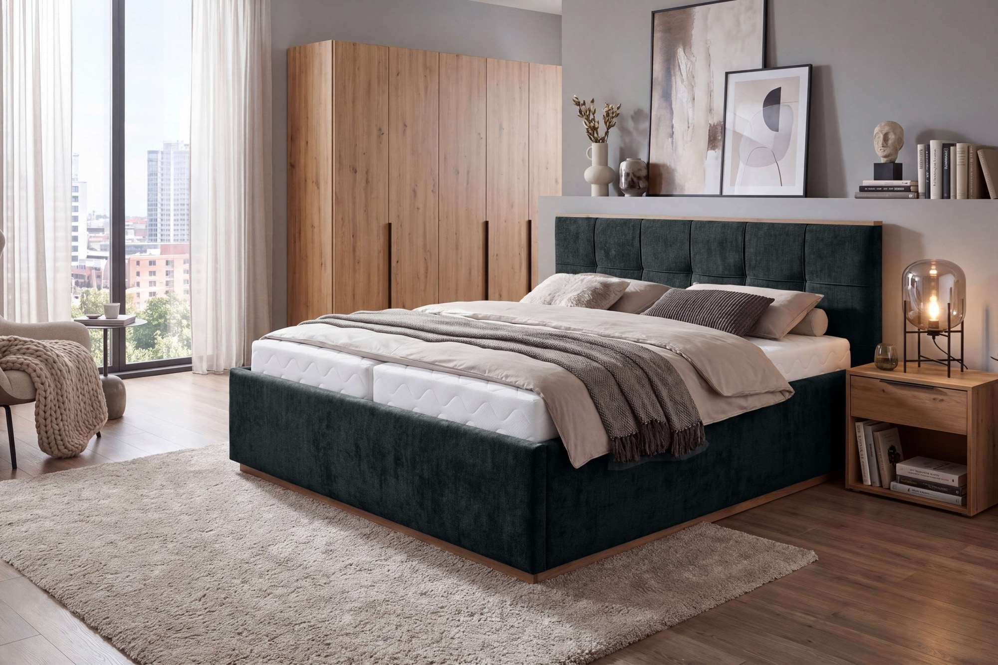 OTTO home Polsterbett »Vyllo, Doppelbett, Federkernbett, Komforbett, 160, 180 cm, Bettkästen« Mit 5-Zonen-TFK-Matratze H3, Lattenrost, Eicheapplikationen