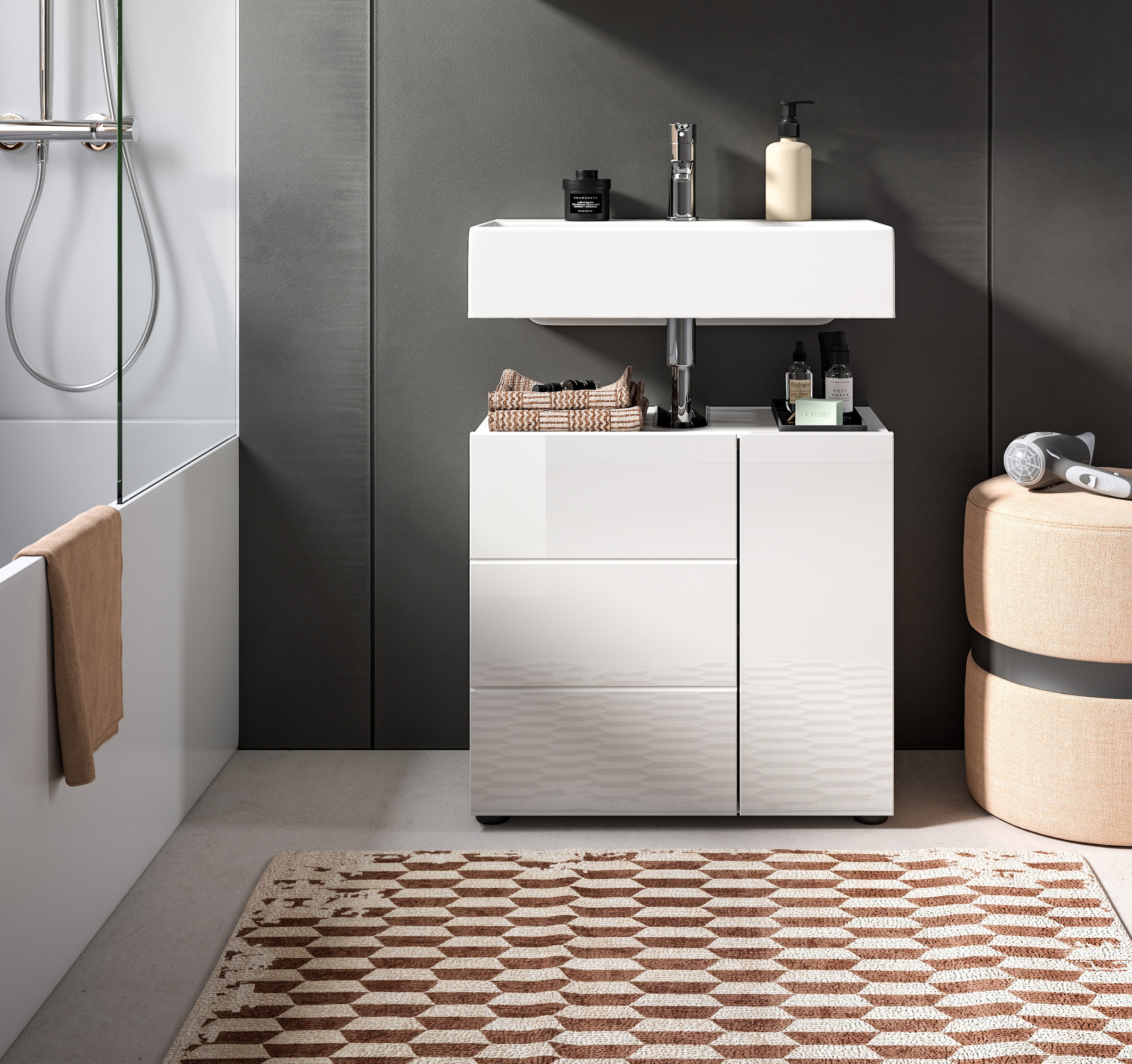 welltime Waschbeckenunterschrank »BIEL, TOPSELLER!, Breite 60 cm, 1 Tür, 2 Fächer, mit Siphonausschnitt«, (1 St.), Badmöbel, Badschrank, Schrank, Unterschrank, Bad, Badezimmer
