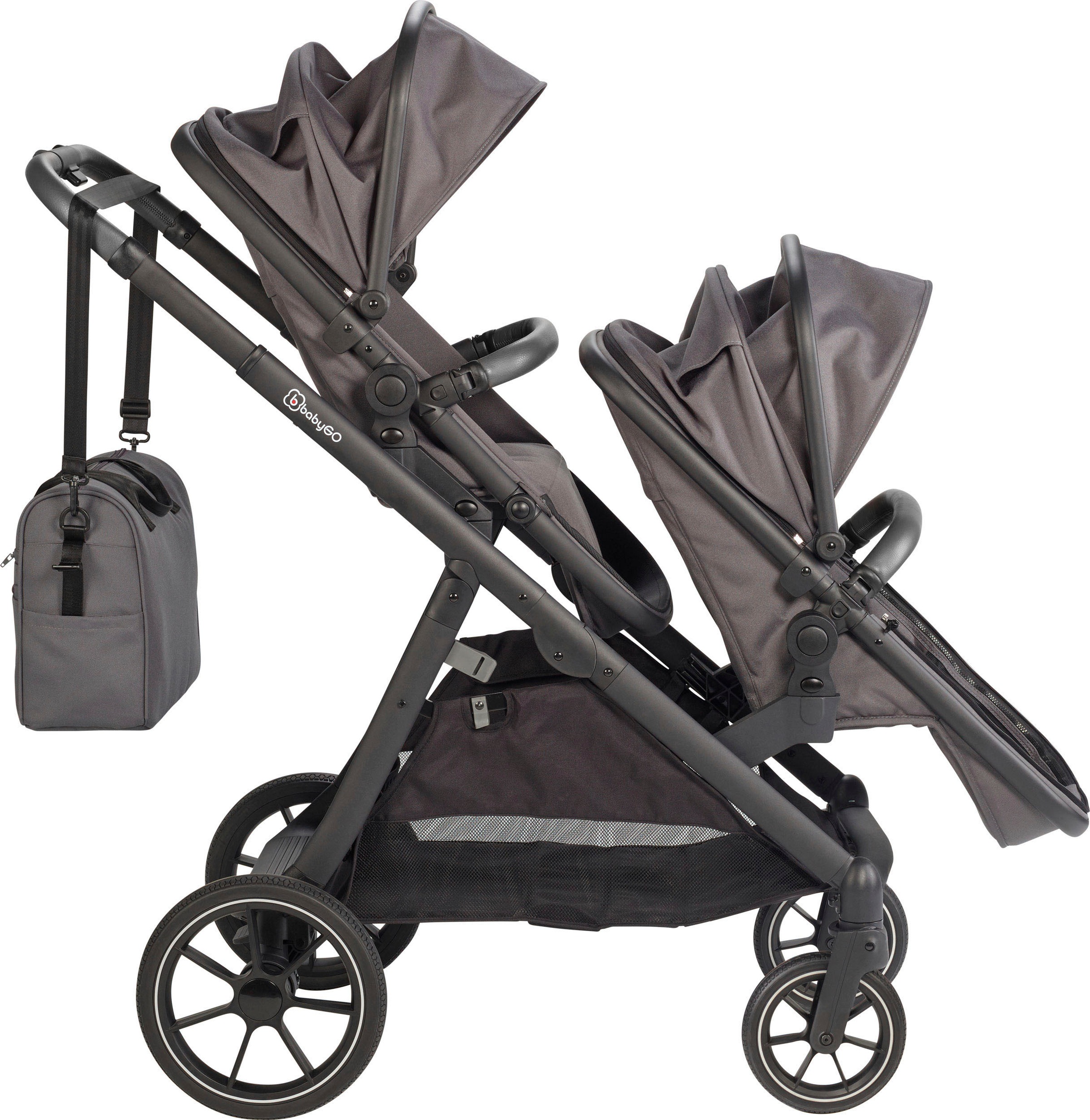 BabyGo Zwillings-Kombikinderwagen »Duo Mega Set, grau«, inkl. 2 Babyschalen mit Adapter, Wickeltasche u. 2 Regenhauben