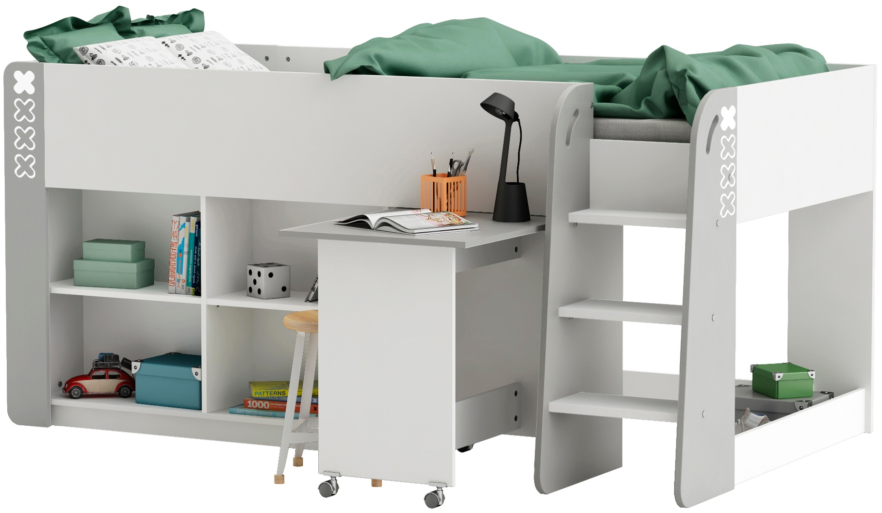 Demeyere GROUP Hochbett »HAMPTON Kombi Bett mit Schreibtisch«, Kombi Bett mit Schreibtisch auf Rollen