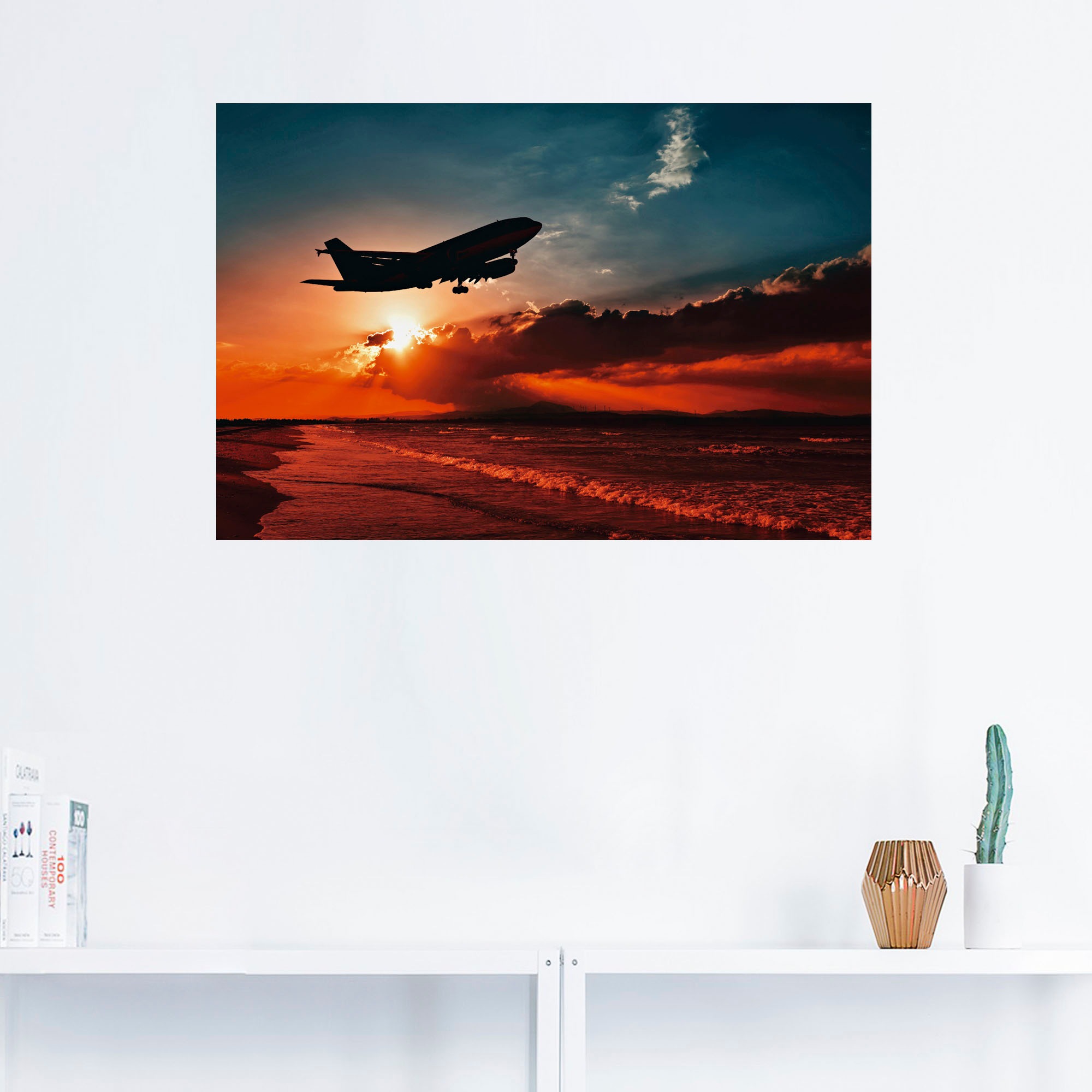 Artland Poster »Startendes Linienflugzeug am Abendhimmel«, Flugzeuge & Helikopter, (1 St.), als Alubild, Leinwandbild, Wandaufkleber oder Poster in versch. Größen