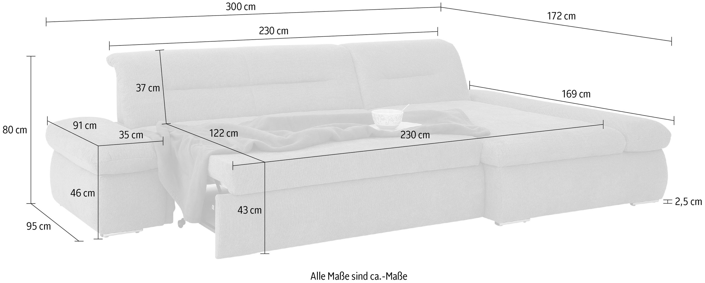 INOSIGN Ecksofa »Avesa L-Form«, Wahlweise mit Armteilvertsellung und Bettfunktion, B/T/H: 300/172/80cm