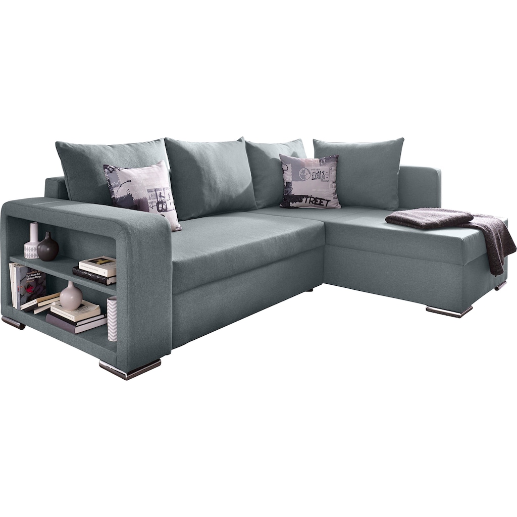 Ecksofa John mit Bettfunktion, Bettkasten und Regalarmteil