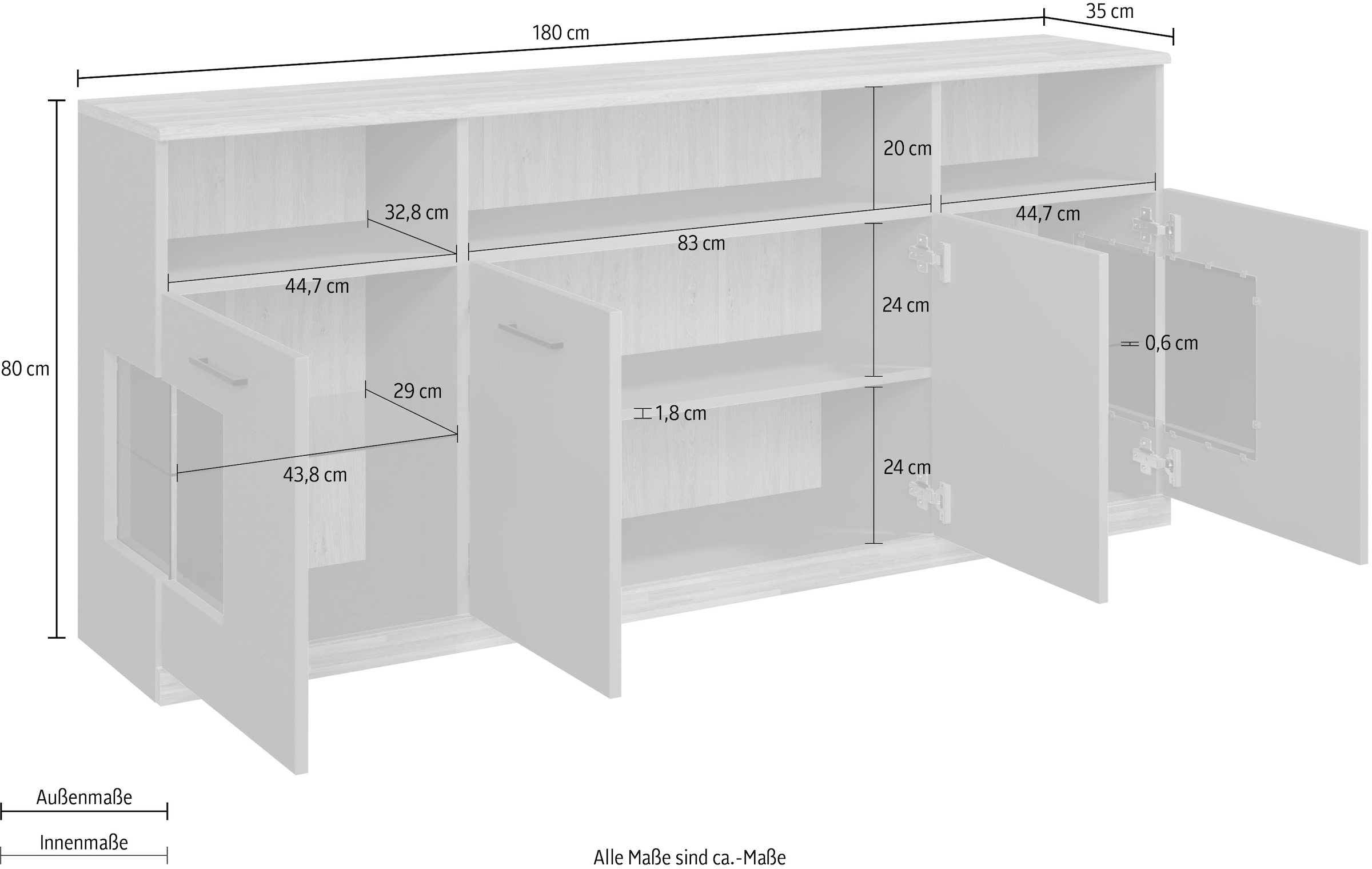 Home affaire Sideboard »Ribe,180cm breit,80cm hoch, 9 Fächer«, Oberplatte Eiche massiv,schwarze Metall Griffe,2 Türen mit Glaseinsatz