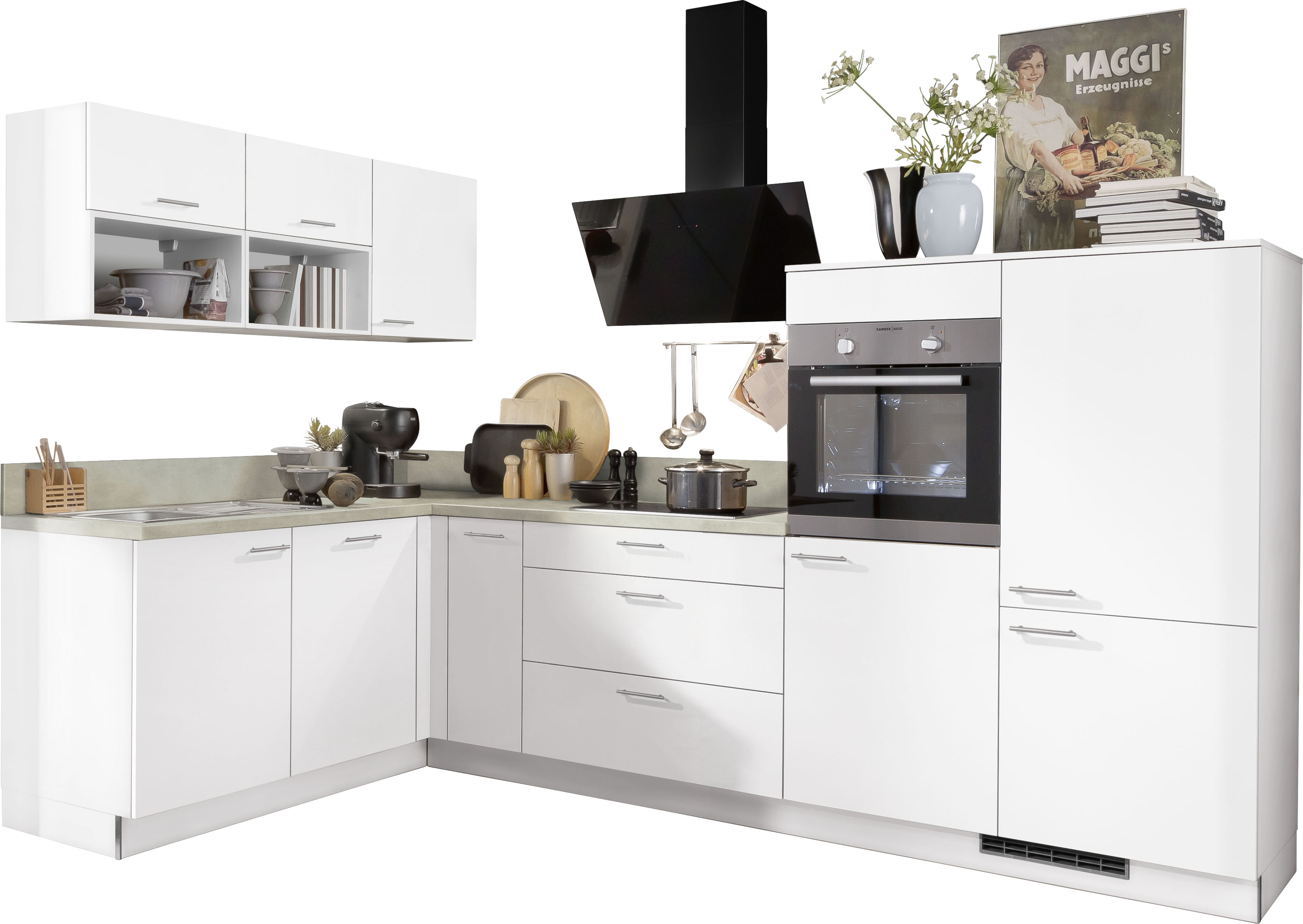 KOCHSTATION Küchenzeile "KS-Scafa, mit höhenverstellbaren Füßen" vormontiert, wahlweise mit E-Geräten, Stellbreite 305 x 185 cm
