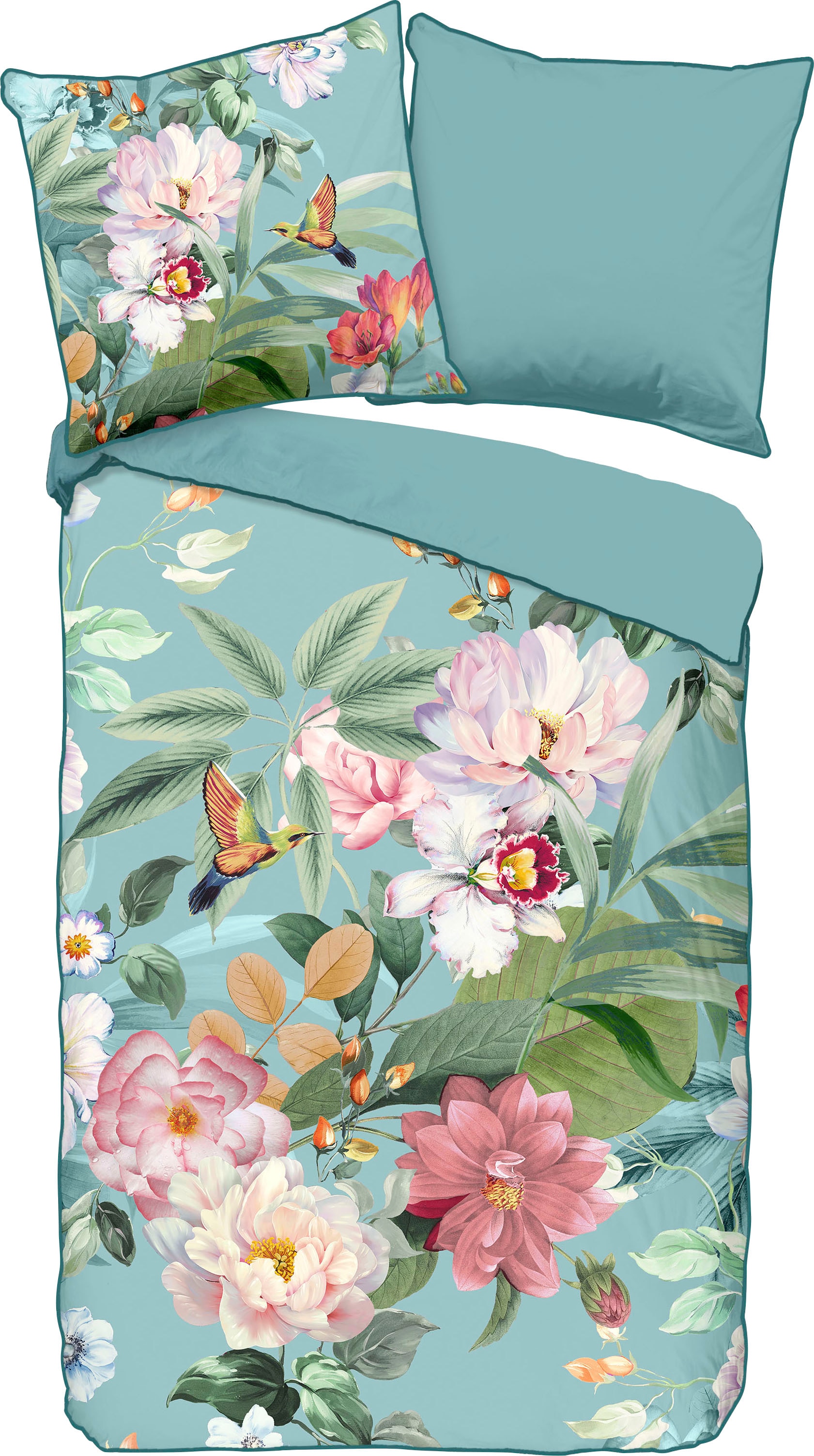 Descanso Wendebettwäsche »Fungi«, Baumwolle, Satin, 135x200, Biese, Reißverschluss, Wende, Blumen Türkis