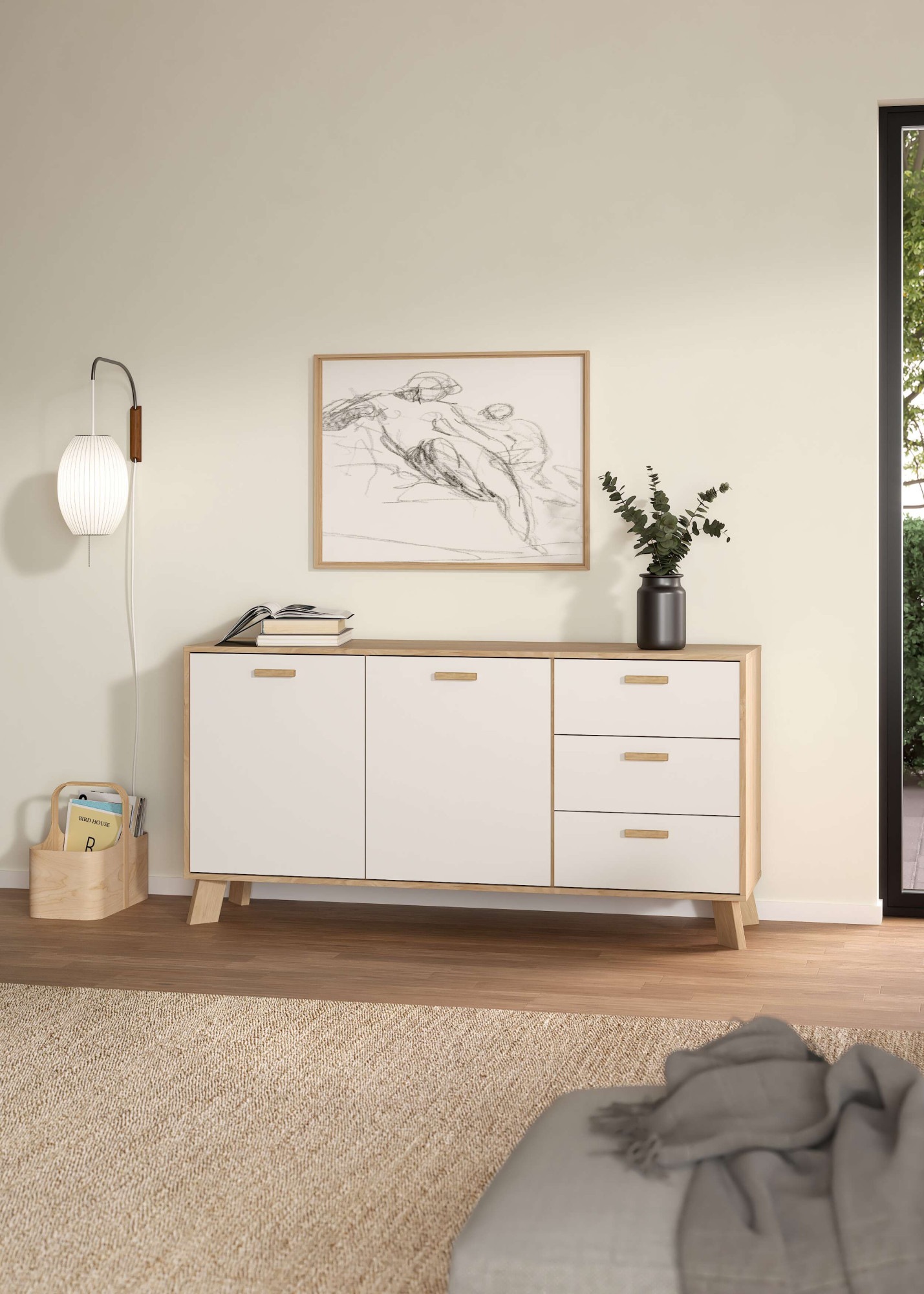 TVILUM Ikast Sideboard 2 Türen + 3 Schubladen, Jackson Hickory/Weiß, 147,2 x 39,1 x 73 cm