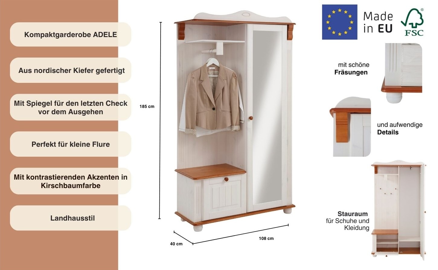 Home affaire Kompaktgarderobe »Adele«, Breite 108 cm, mit Spiegeltür, aus massiver Kiefer, FSC®