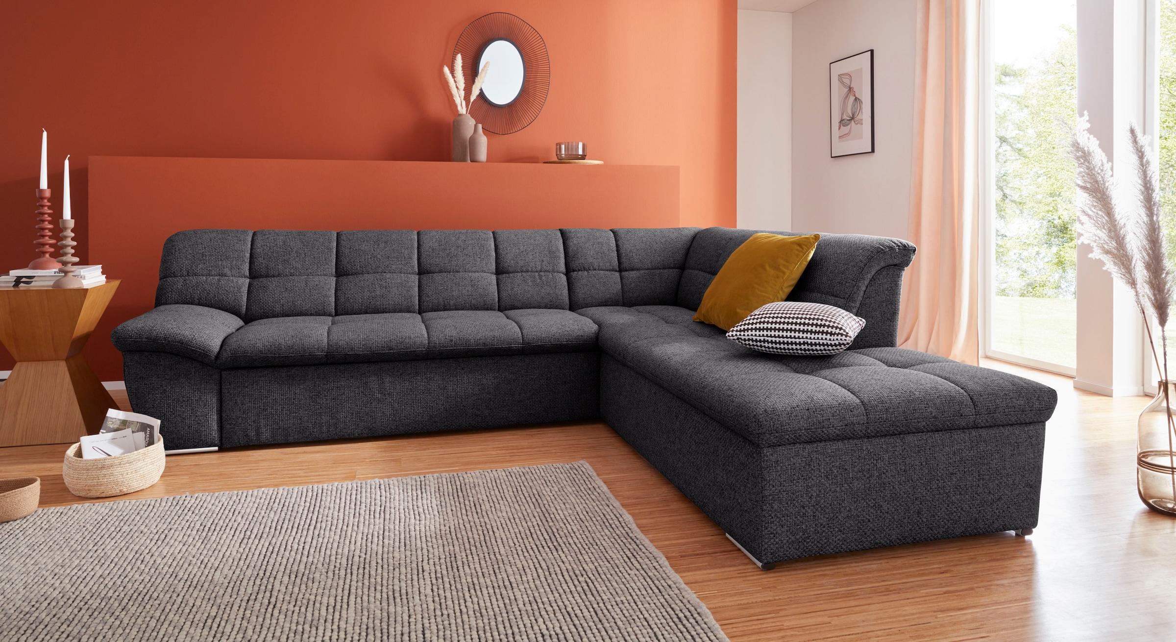DOMO collection Ecksofa "Lagoa, moderne Sitzheftung, bequem und komfortabel, L-Form" wahlweise mit Bettfunktion, frei im Raum stellbar, große Farbvielfalt