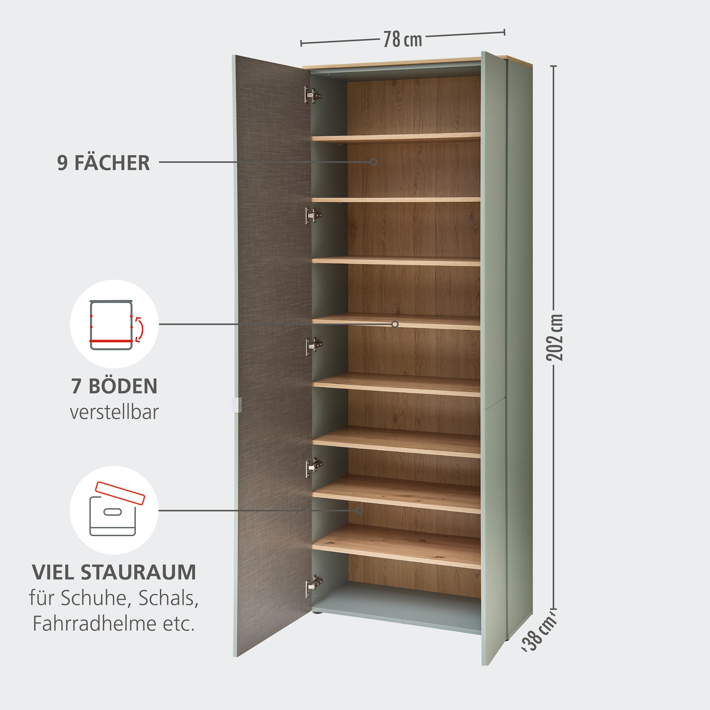 Innostyle Schuhschrank »Bari Schuhschrank, BxHxT 78x202x38 cm«, (1 St.), 2 türig, 9 Fächer, Softclose, ABS Kantenschutz