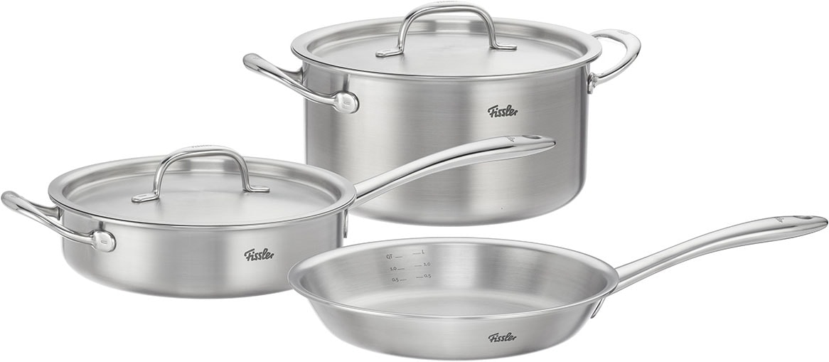 Fissler Topf-Set "Fissler M5 Pro-Ply, Edelstahl-Topfset (5-teilig)" Set, 5-teilig: Bratpfanne, Sauteuse und Stielkasserolle, 5 tlg. Edelstahl 18/10