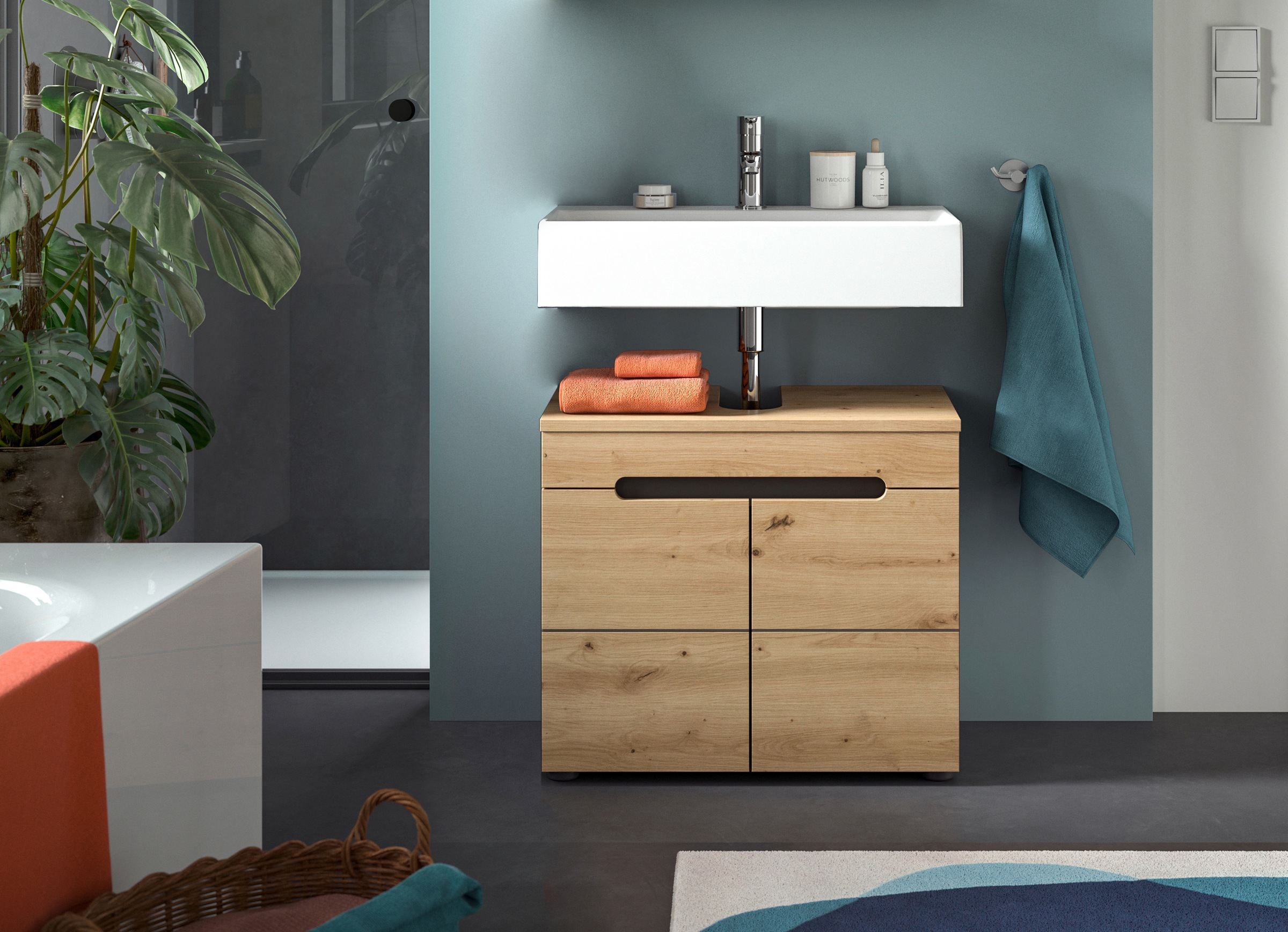 INOSIGN Waschbeckenunterschrank »REHAT, Breite 63 cm, 2 Türen, Einlegeboden, mit Siphonausschnitt«, Soft-Close-Funktion, eingefasste Griffaussparung in der Front