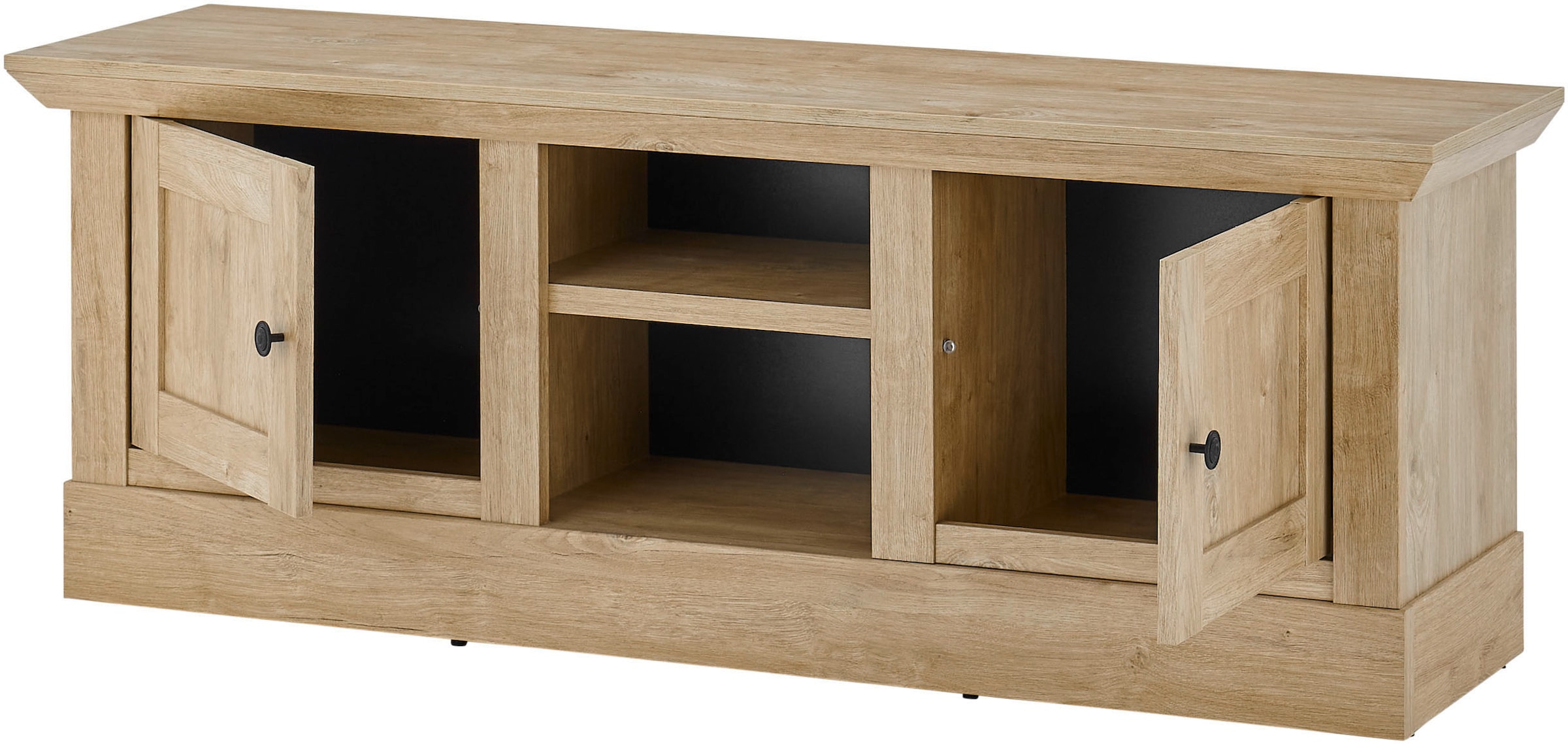 Home affaire Lowboard »Cornwall, Unterschrank im Landhausstil, Kommode, Eiche Dekor«, (1 St.), verschnörkelte Metallgriffe, offene Fächer und Türen, 152 cm breit