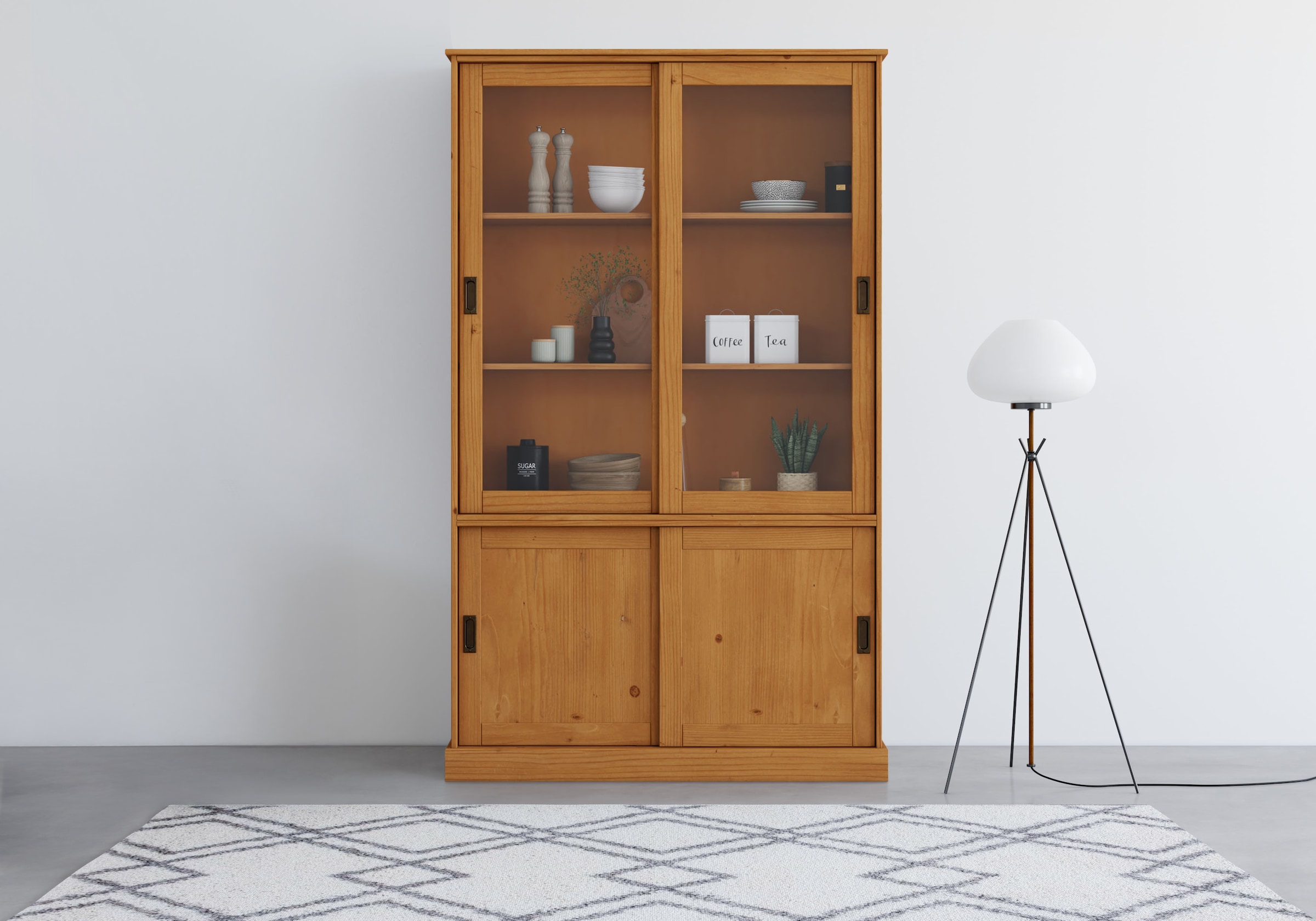 OTTO home Vitrine "Schröder" mit 2+2 Schiebetüren, aus massivem Kiefernholz, Breite 114 cm