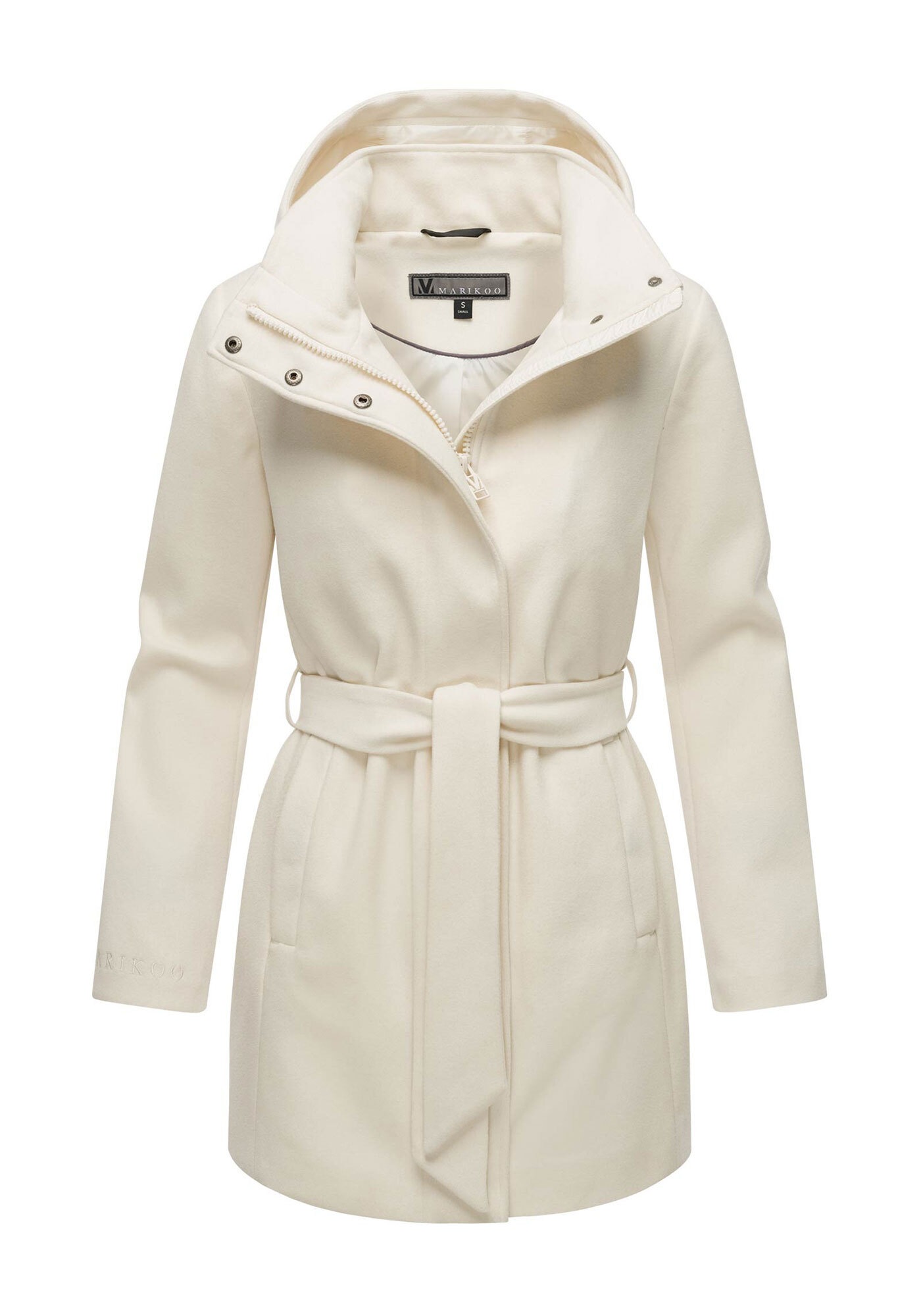 Kurzmantel MARIKOO "Katalinaa", Damen, Gr. L, weiß (sanftes weiß), 90% Polyester, 10% Viskose, Mäntel Kurzmantel, Eleganter Wickel Mantel mit Taillengürtel und Oversized Hood Kapuze