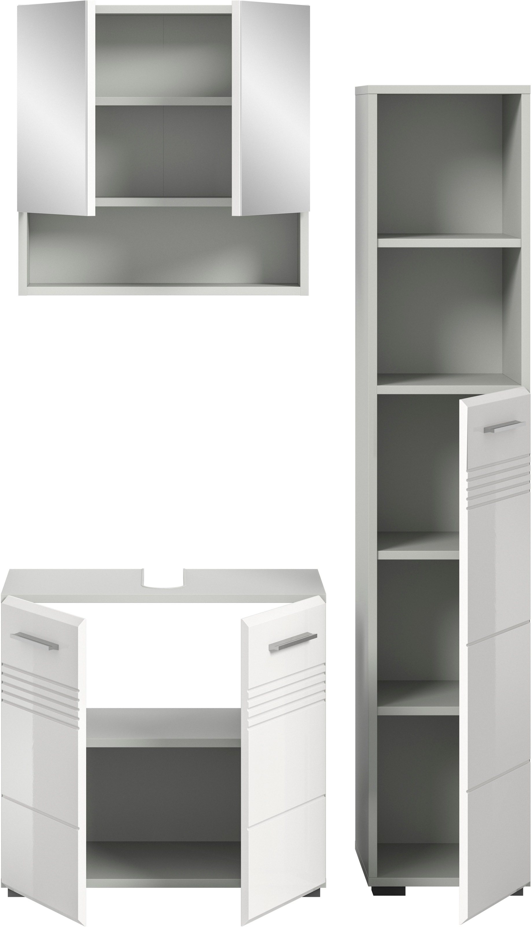 welltime Badmöbel-Set »Calicio, bestehend aus: Waschbeckenunterschrank, Spiegelschrank,«, (3 St.), Hochschrank, hochwertige MDF Front mit Rillenfräsung