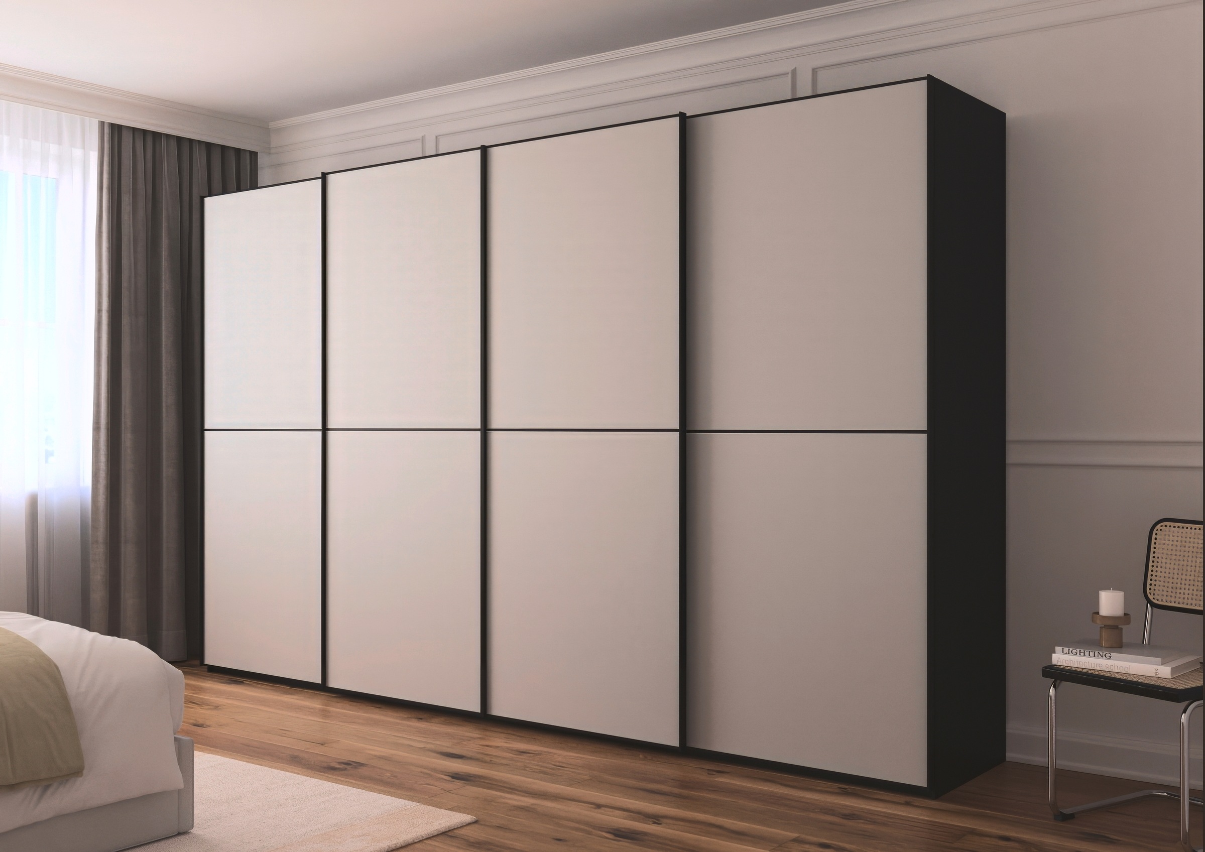 rauch Schwebetürenschrank »Kleiderschrank Schrank Garderobe Schlafzimmerschrank SCALE-DUO«, edle zweigeteilte Türen Glas-Front mit 3 Zierleisten MADE IN GERMANY
