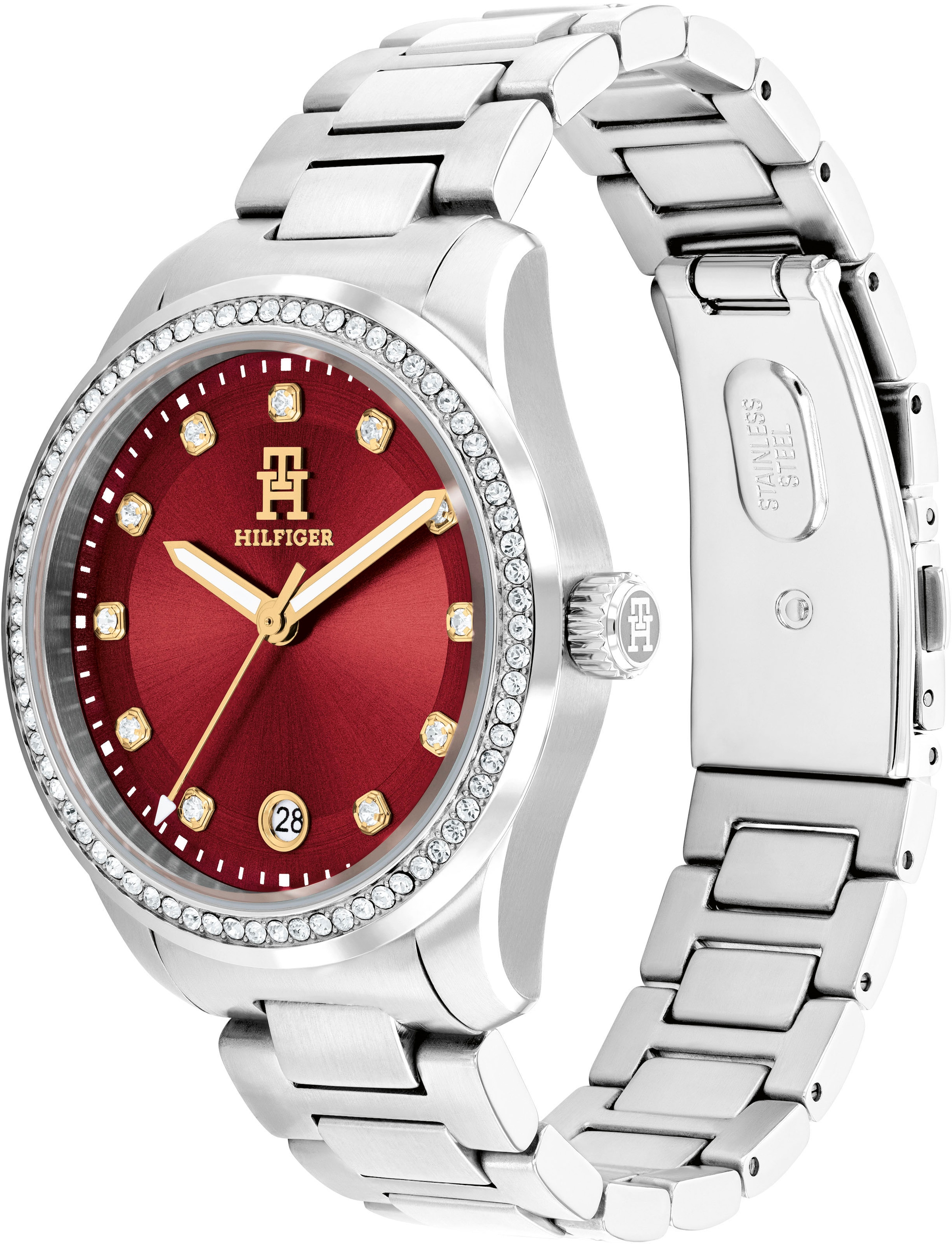 Tommy Hilfiger Quarzuhr »TH85 CRYSTALS«, Armbanduhr, Damenuhr, Edelstahlarmband, analog, Tag, Glassteine