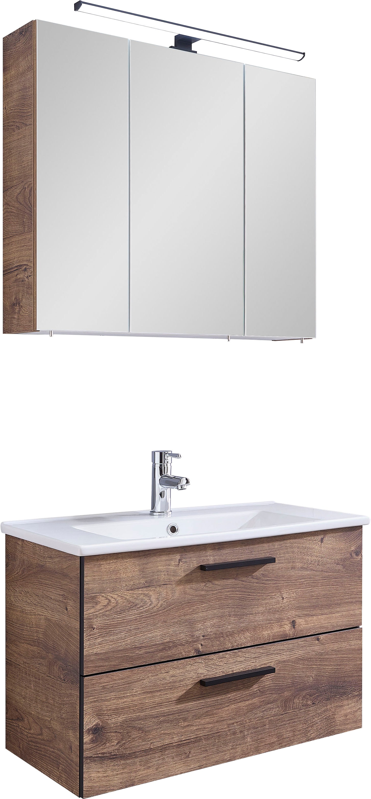 Saphir Badmöbel-Set "Quickset 374 Keramik-Waschtisch mit LED-Spiegelschrank, 75 cm breit", (2 St.), Waschplatz, 2 Schubl