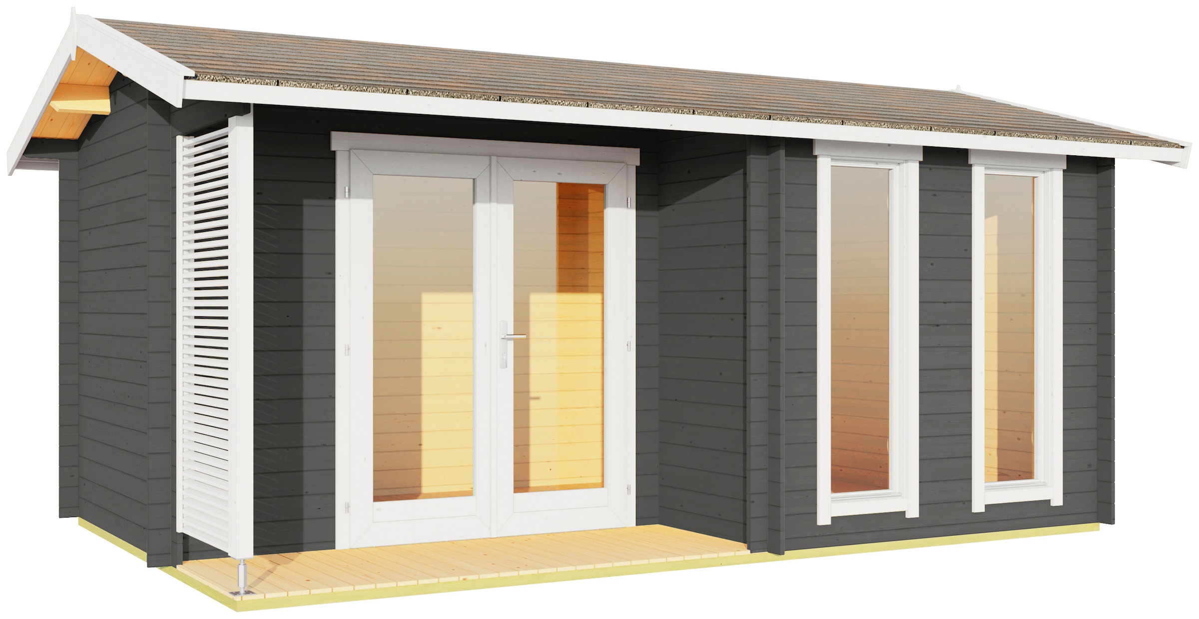 Gartenhaus LASITA MAJA, grau, Holzwerkstoff, Gartenhäuser, "Riverside", Blochbohlenhaus 28mm Terrasse, Fundamentmass 4800x3000, Carbongrau