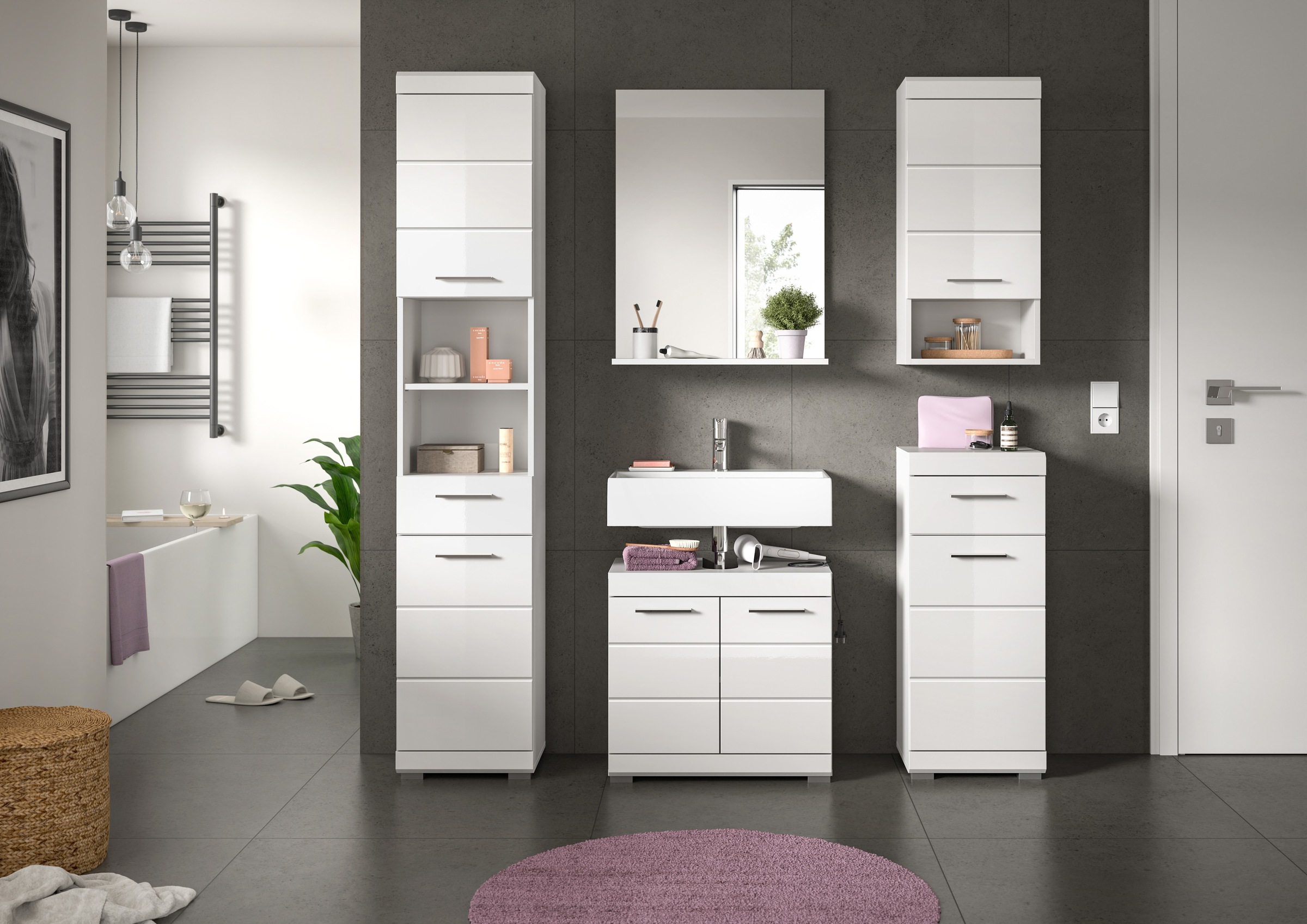 INOSIGN Badmöbel-Set »Siena, 5 teilig, bestehend aus:«, (Set, 5 St.), Hochschrank, WBU, Spiegel, Unterschrank, Hängeschrank