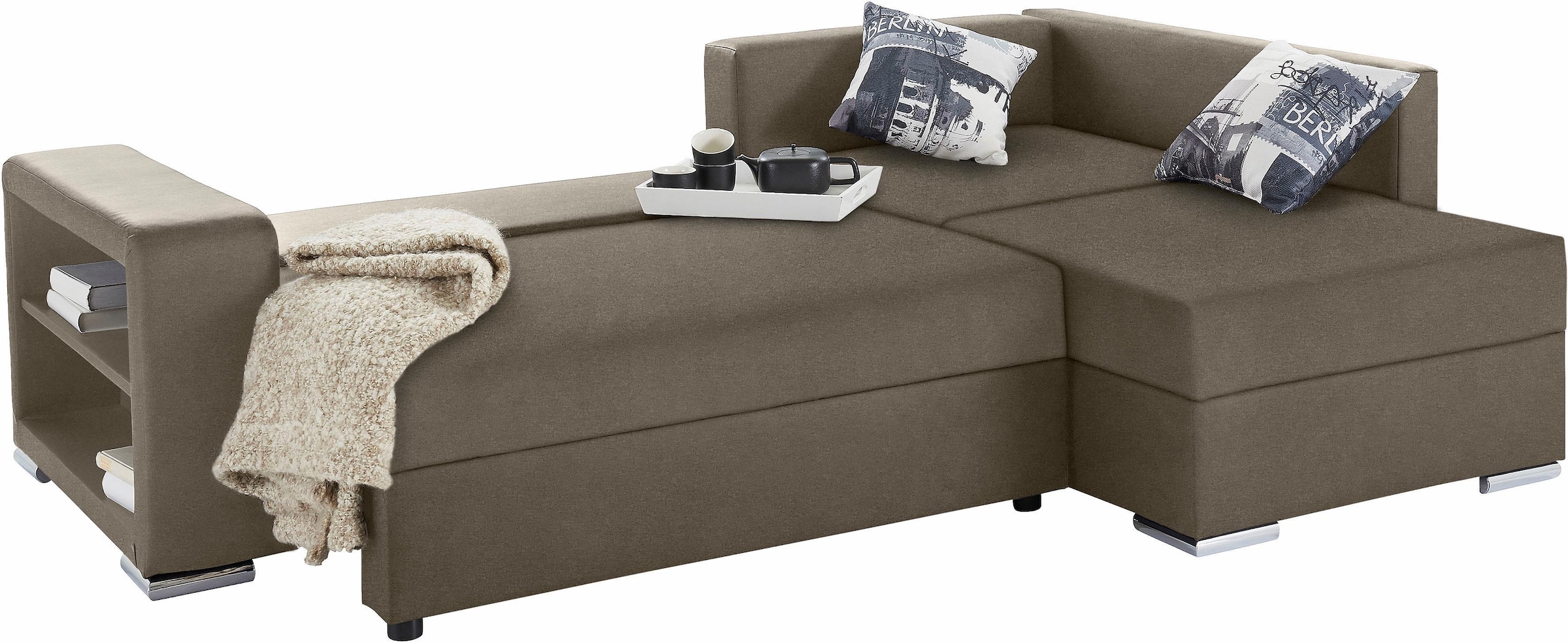 Ecksofa John mit Bettfunktion, Bettkasten und Regalarmteil