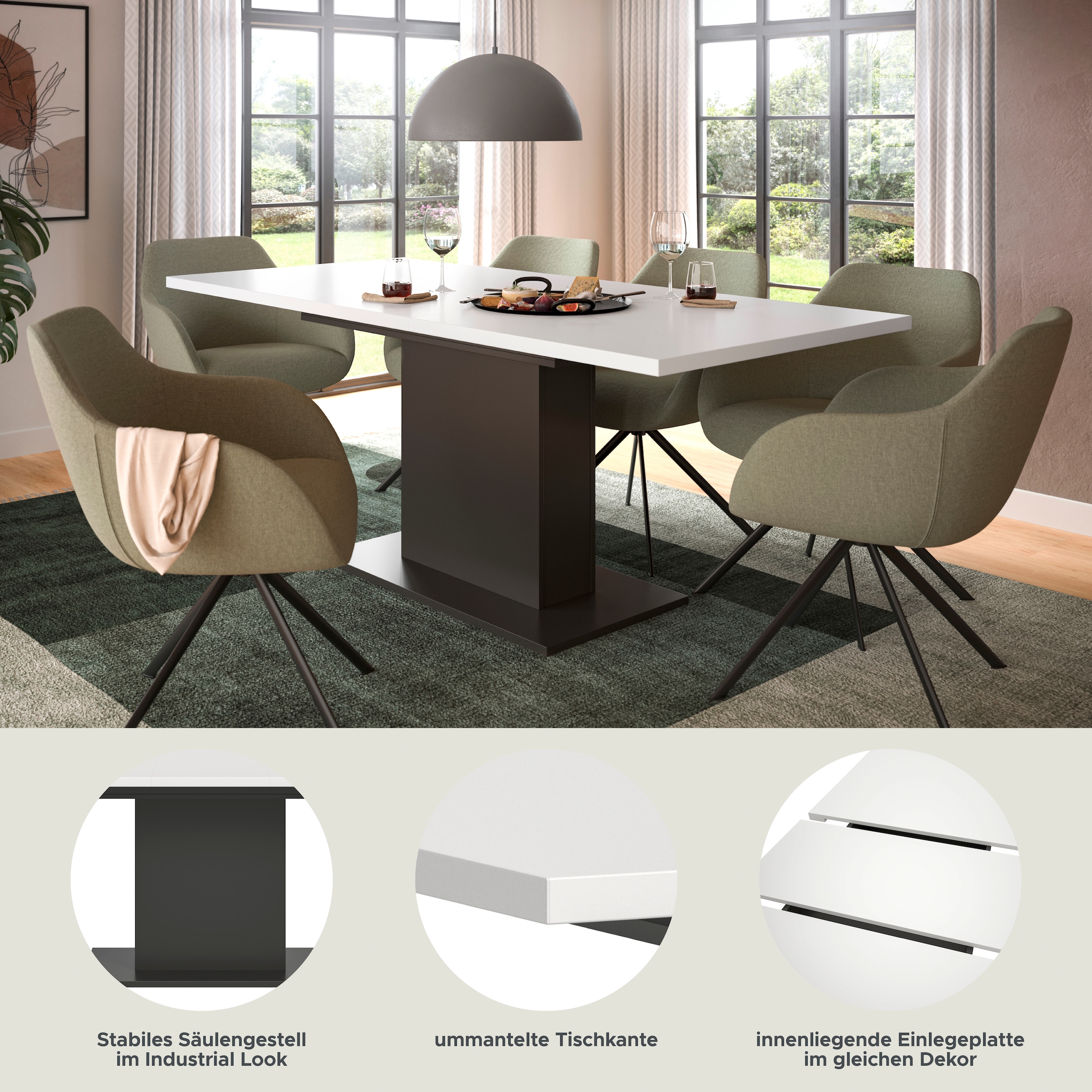 INOSIGN Esstisch »Motus, ausziehbar 150 -190 cm, inklusive 40 cm Einlegeplatte«, (Set, 1 St.), Säulengestell mit Bodenplatte, Tisch, Küchentisch, Esszimmer, Küche