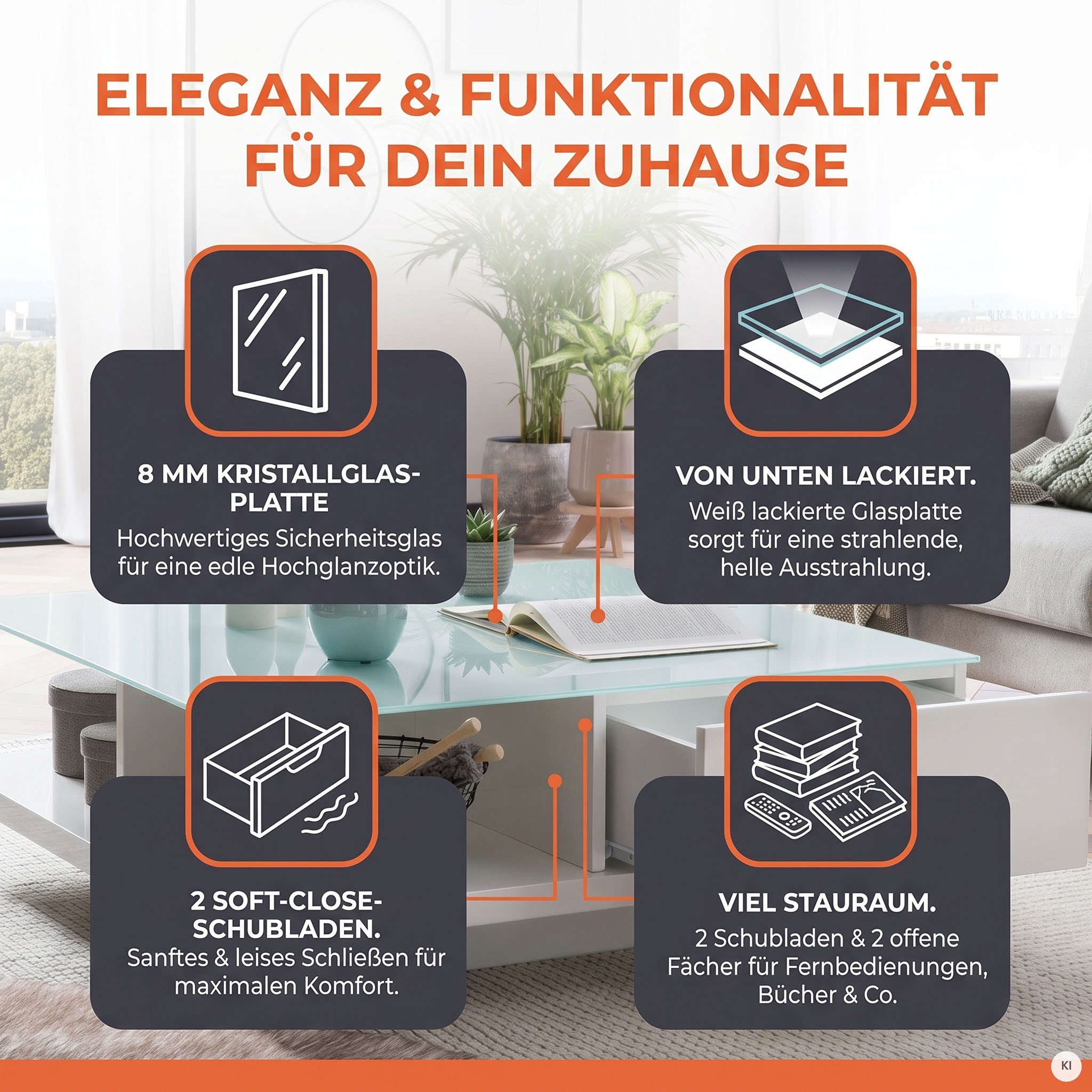 SalesFever Couchtisch »im minimalistischen Stil« Kristallklare Tischplatte aus gehärtetem Glas