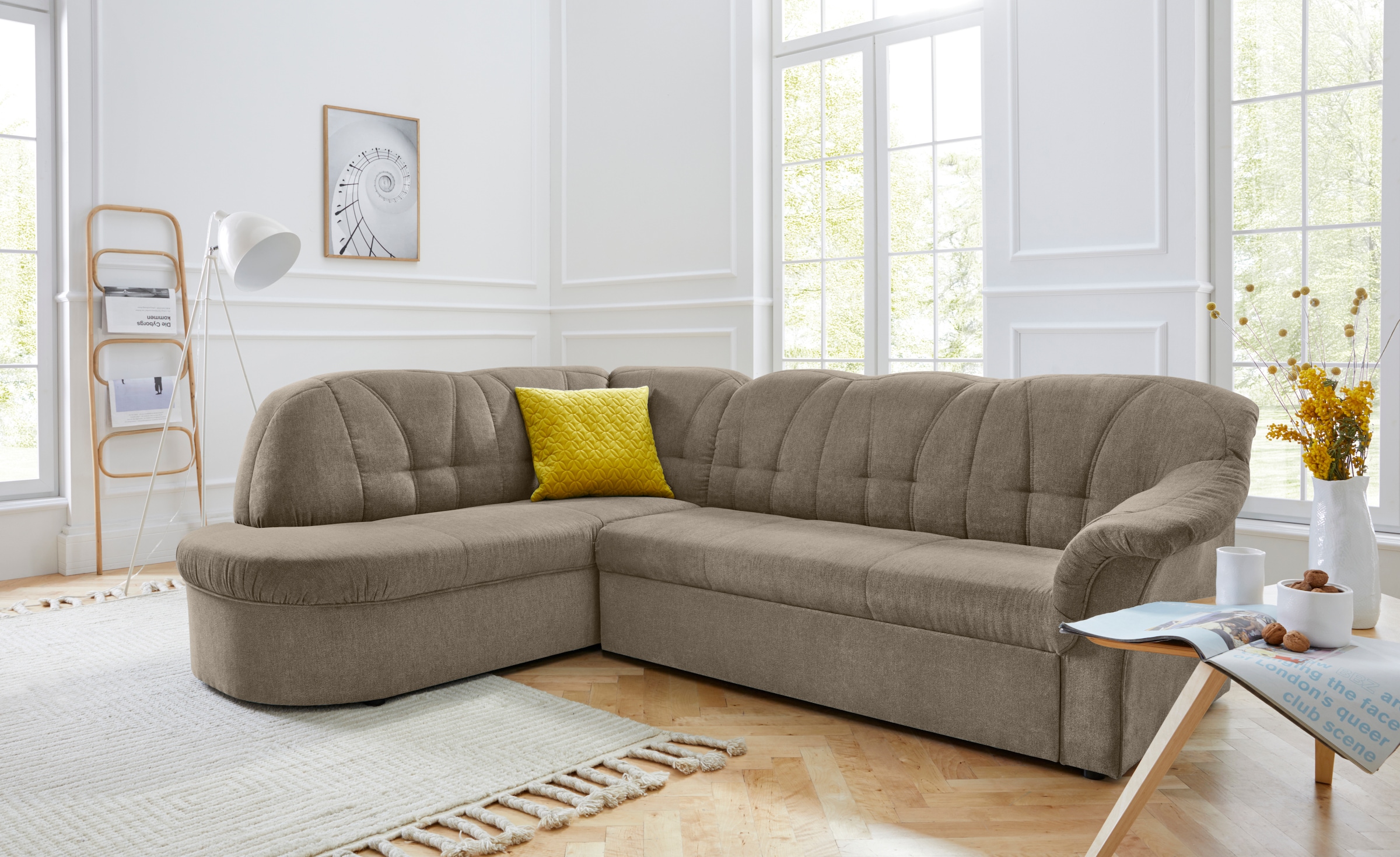DOMO collection Ecksofa "Pegnitz, zeitlose und elegante Rückensteppung, Breite 246cm, L-Form" wahlweise mit Bettfunktion