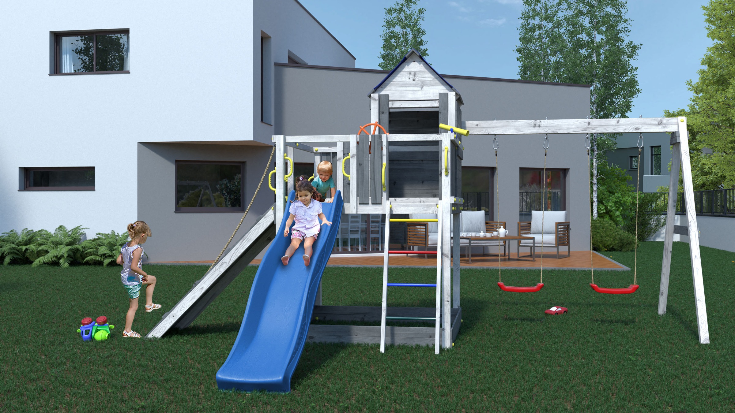 FUNGOO Spielturm »Treehouse« mit Spielhaus, Rutsche, Doppelschaukel, Kletterwand