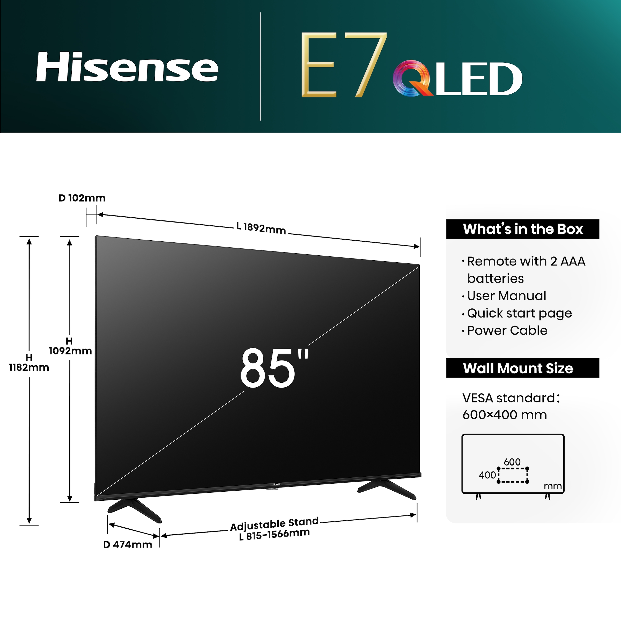 Hisense QLED-Fernseher »85E77NQ«, 215 cm/85 Zoll, 4K Ultra HD, Smart-TV, 4K UHD, QLED