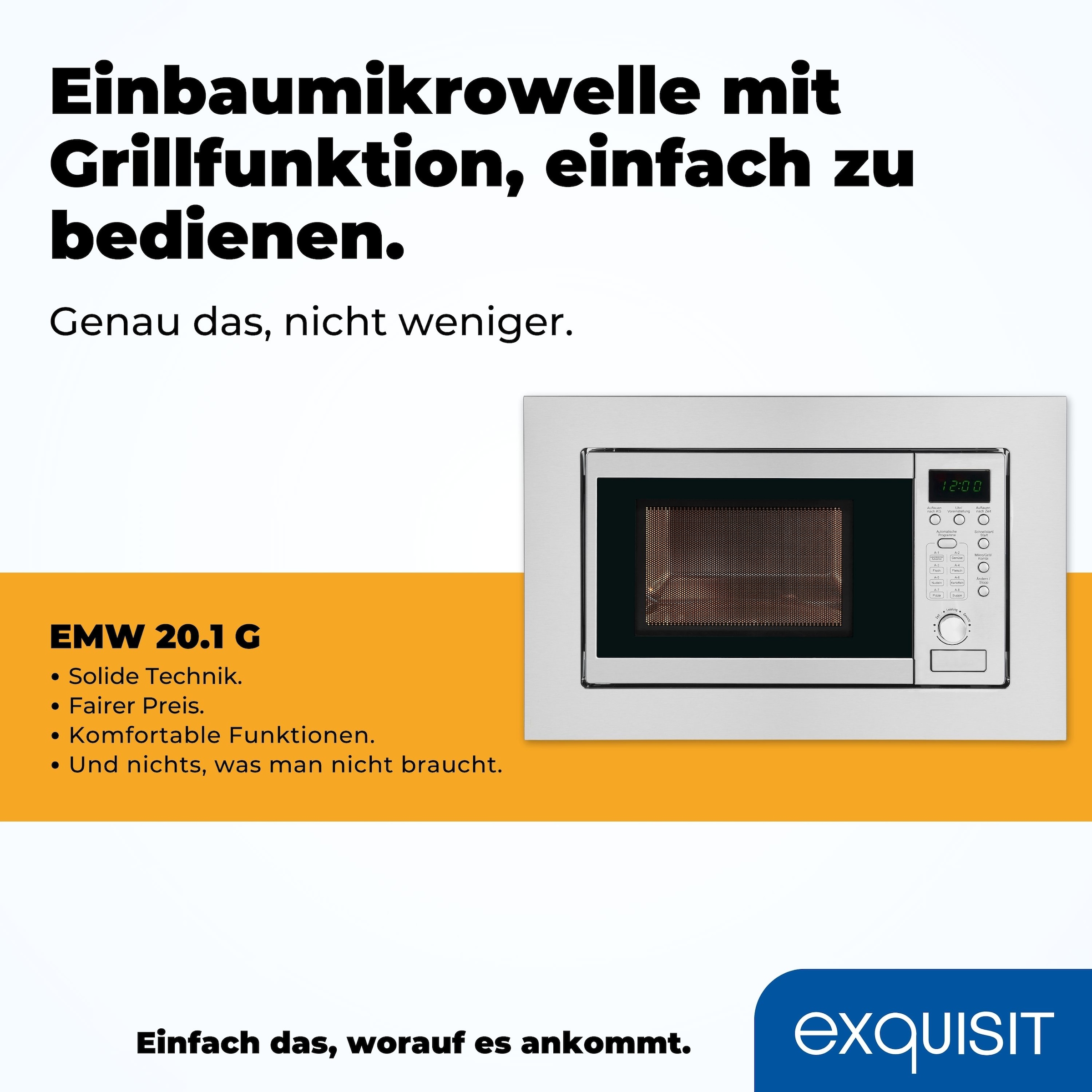 exquisit Einbau-Mikrowelle »EMW 20.1 G« 1250 W Schonend Auftauen,schnell Aufwärmen, Grillen-einfach per Knopfdruck