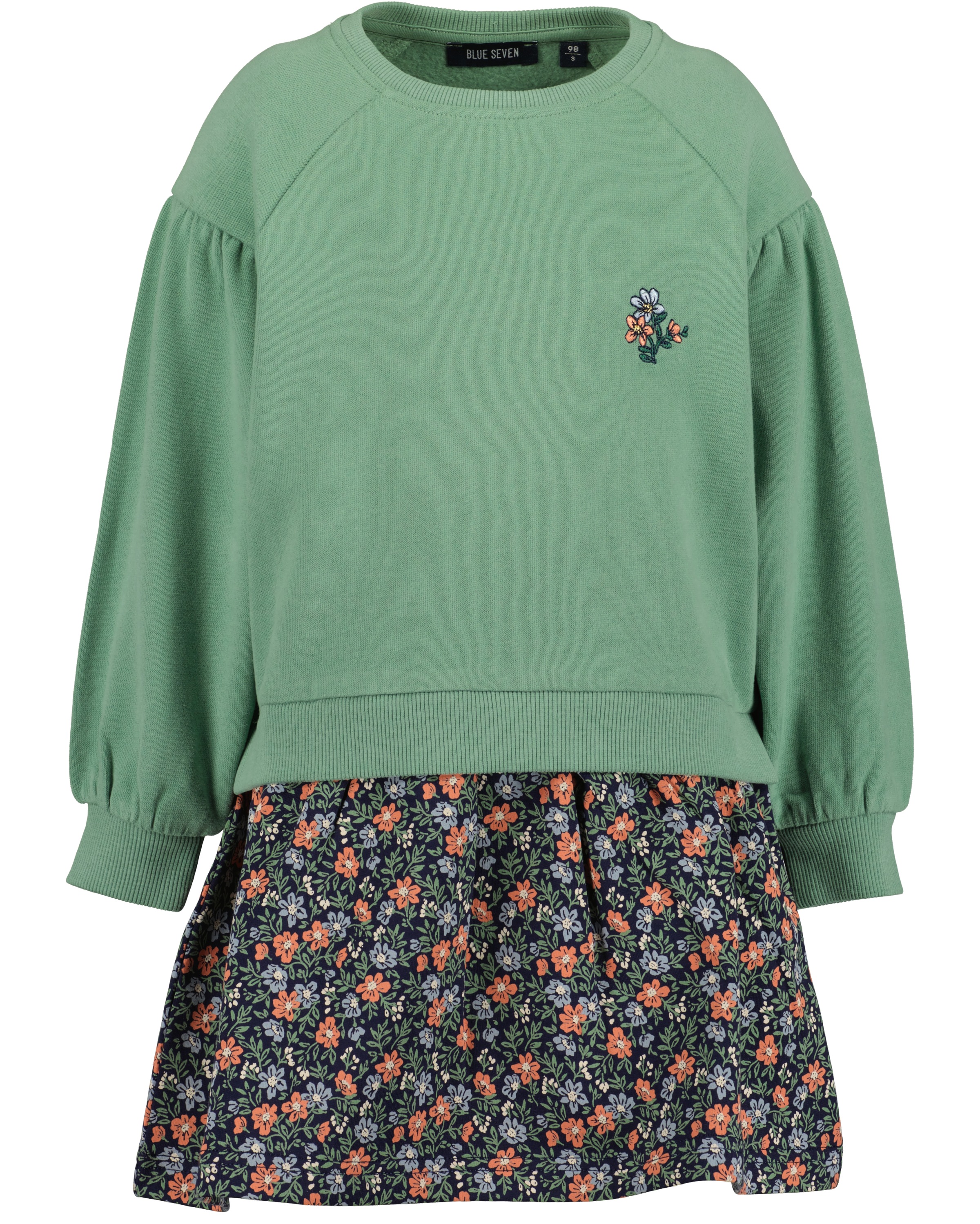 BLUE SEVEN Mädchen Sweatkleid, grün, Gr. 92, bedruckt, Sweatware, Obermaterial: 100% Baumwolle, Kleider, mit bedrucktem Rock und kleiner Stickerei