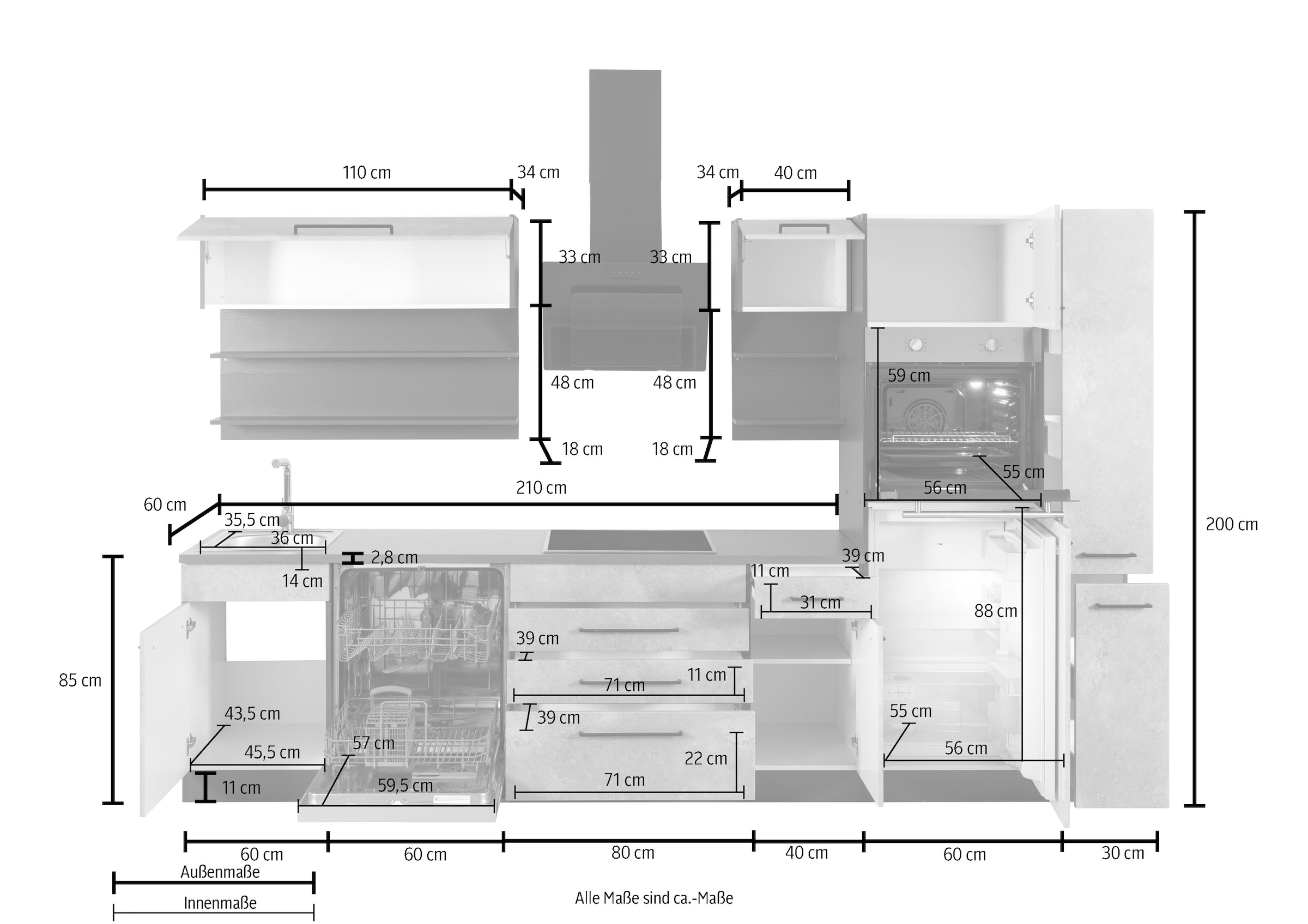KOCHSTATION Küchenzeile »KS-Tulsa«, ohne E-Geräte, Breite 320 cm, schwarze Metallgriffe, MDF Fronten