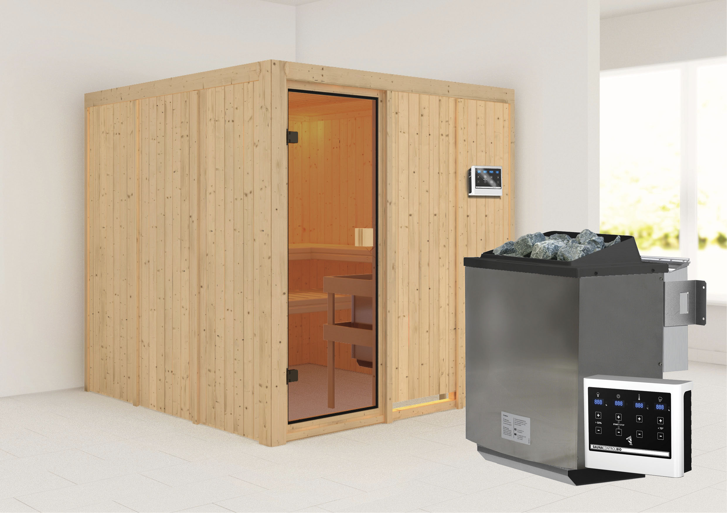 Karibu Sauna "Oulu" Ofen 9 kW Bio externe Strg easy