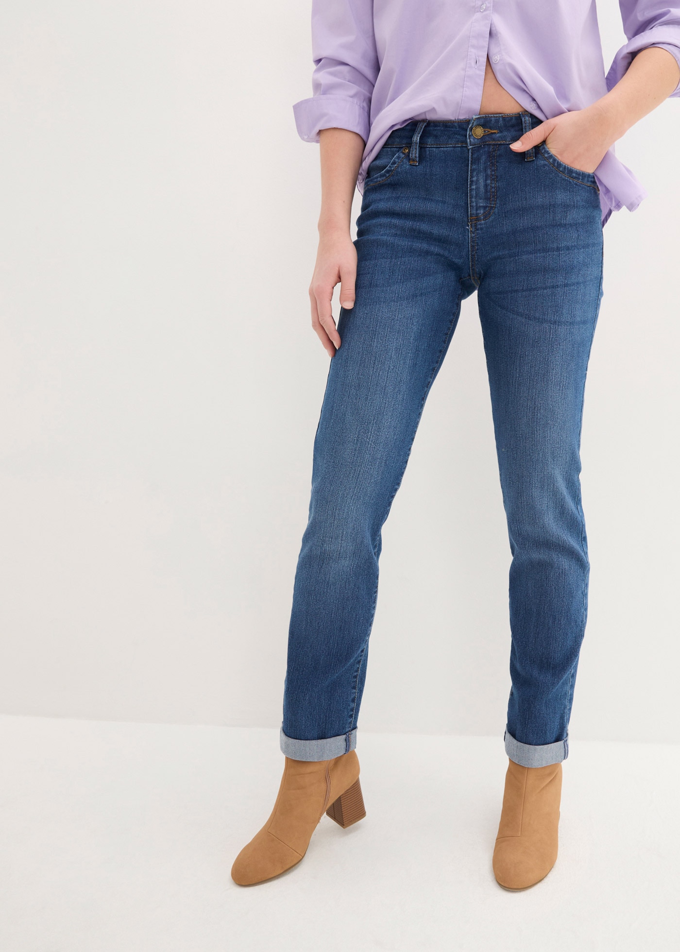 bonprix "Straight Jeans Mid Waist, Stretch" Regular Fit, mit Aufschlag, im Five-Pocket-Style
