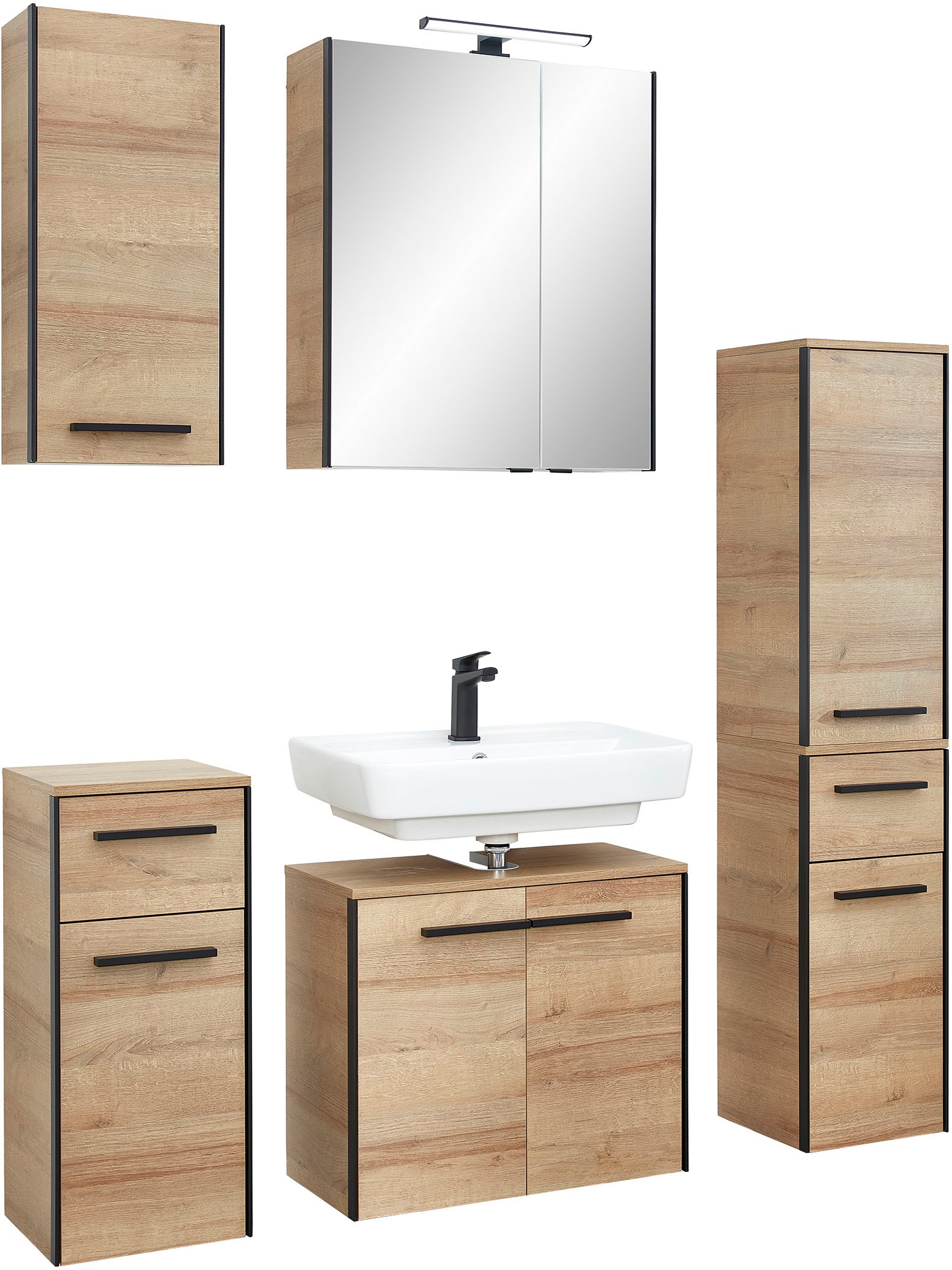 Saphir Badmöbel-Set »Quickset 395 5-teilig, Waschbeckenunterschrank mit LED-Spiegelschrank«, (6 St.), Unterschrank, Hängeschrank, Midischrank, inkl. Türdämpfer, 7 Türen