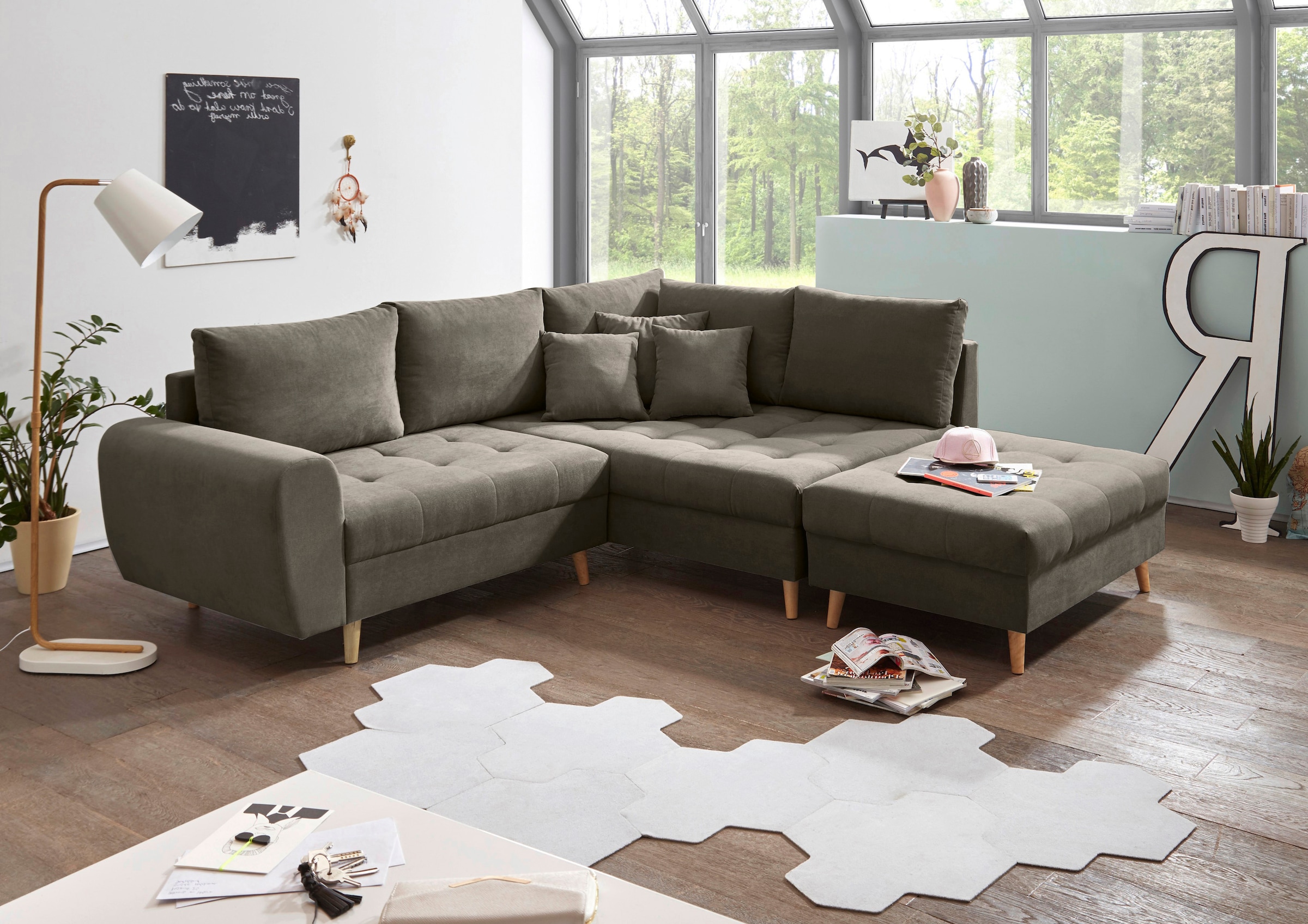 ED EXCITING DESIGN Ecksofa »Alice L-Form«, (Set), mit Hocker, Rückenkissen, Zierkissen, frei im Raum stellbar