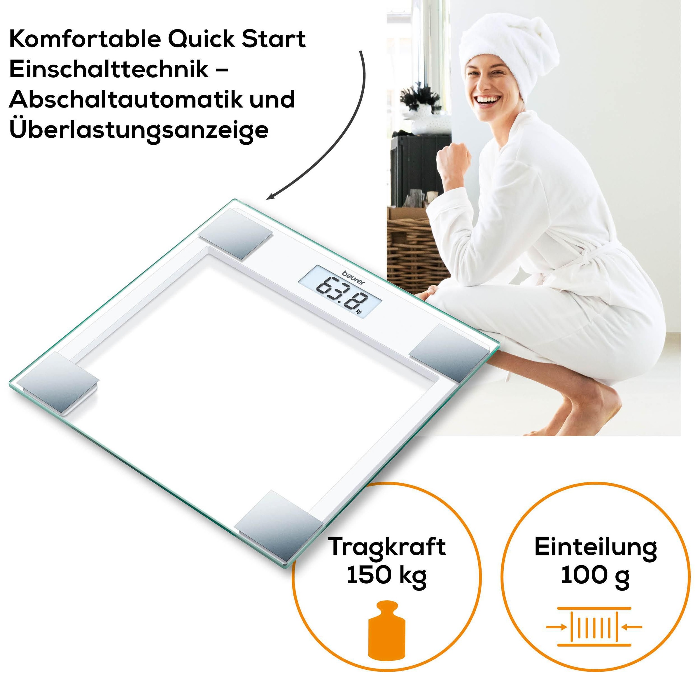 BEURER Personenwaage »GS 14 mit Wiegefläche aus extra klarem Sicherheitsglas«, Flache Bauhöhe, Tragkraft bis 150 kg, Überlastungsanzeige