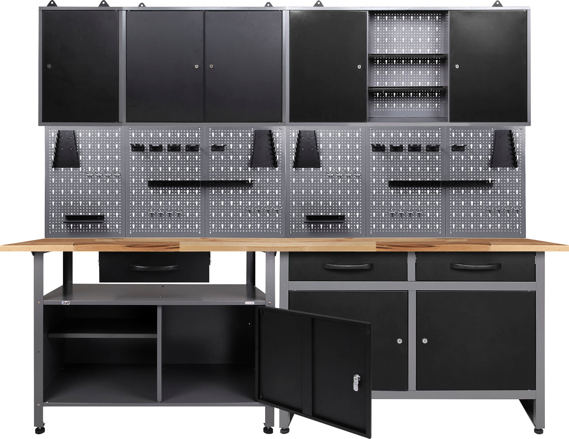 ONDIS24 Werkstatt-Set, 2x Werkbank, 2x Werkzeugwand, 3x Hängeschrank