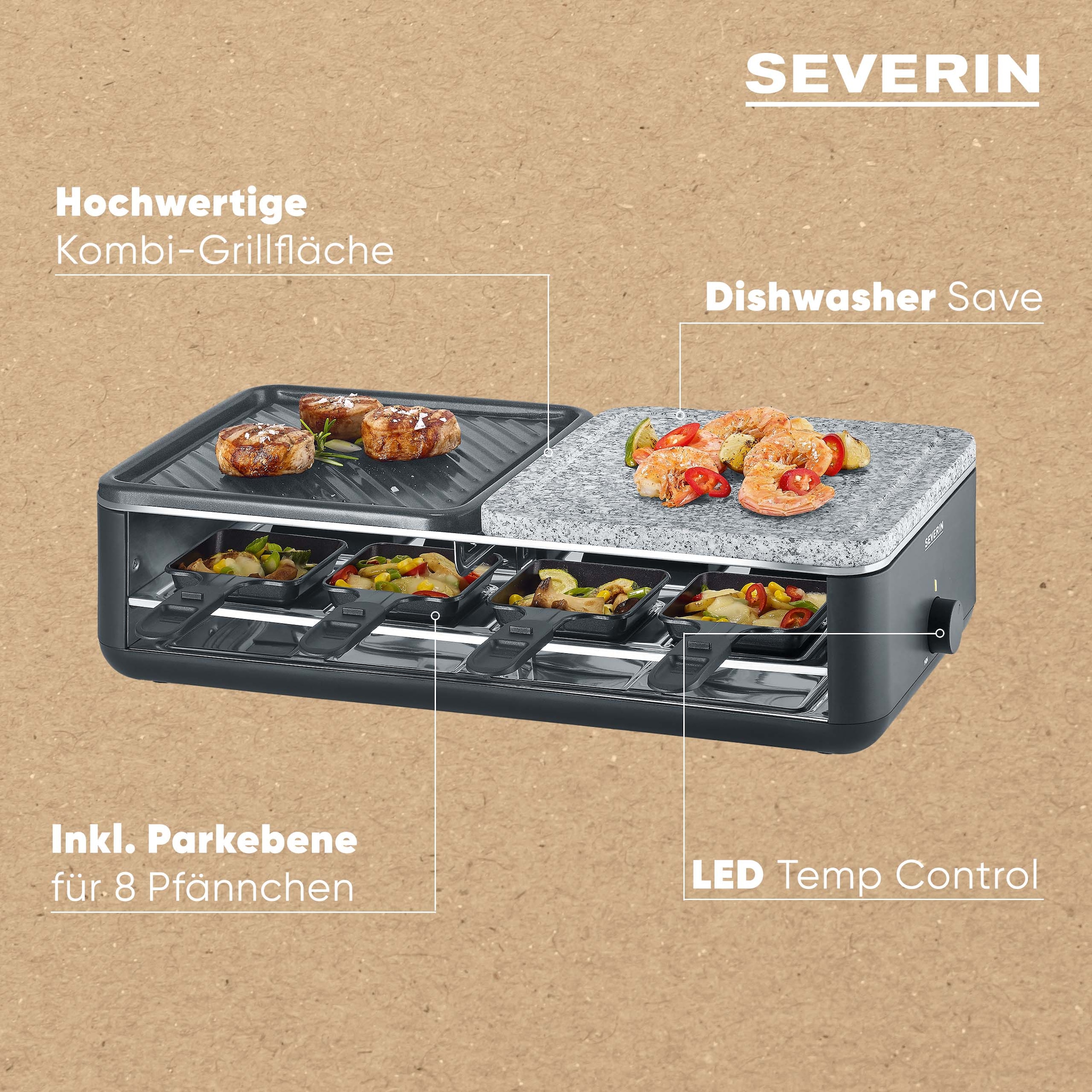 Severin Raclette »RG 2366« 8 Stk. Raclettepfännchen 1.300 W für 8 Personen, Naturgrillstein & antihaftbeschichtete Grillplatte