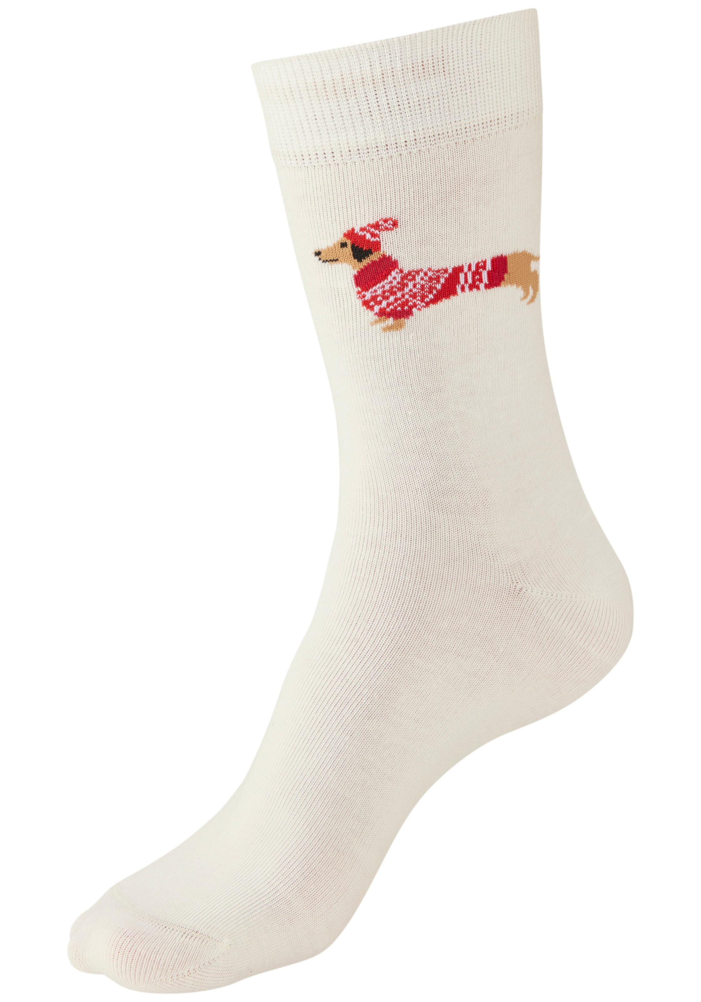 LASCANA Socken Packung, 3 Paar tlg. mit weihnachtlichem Dackelmotiv
